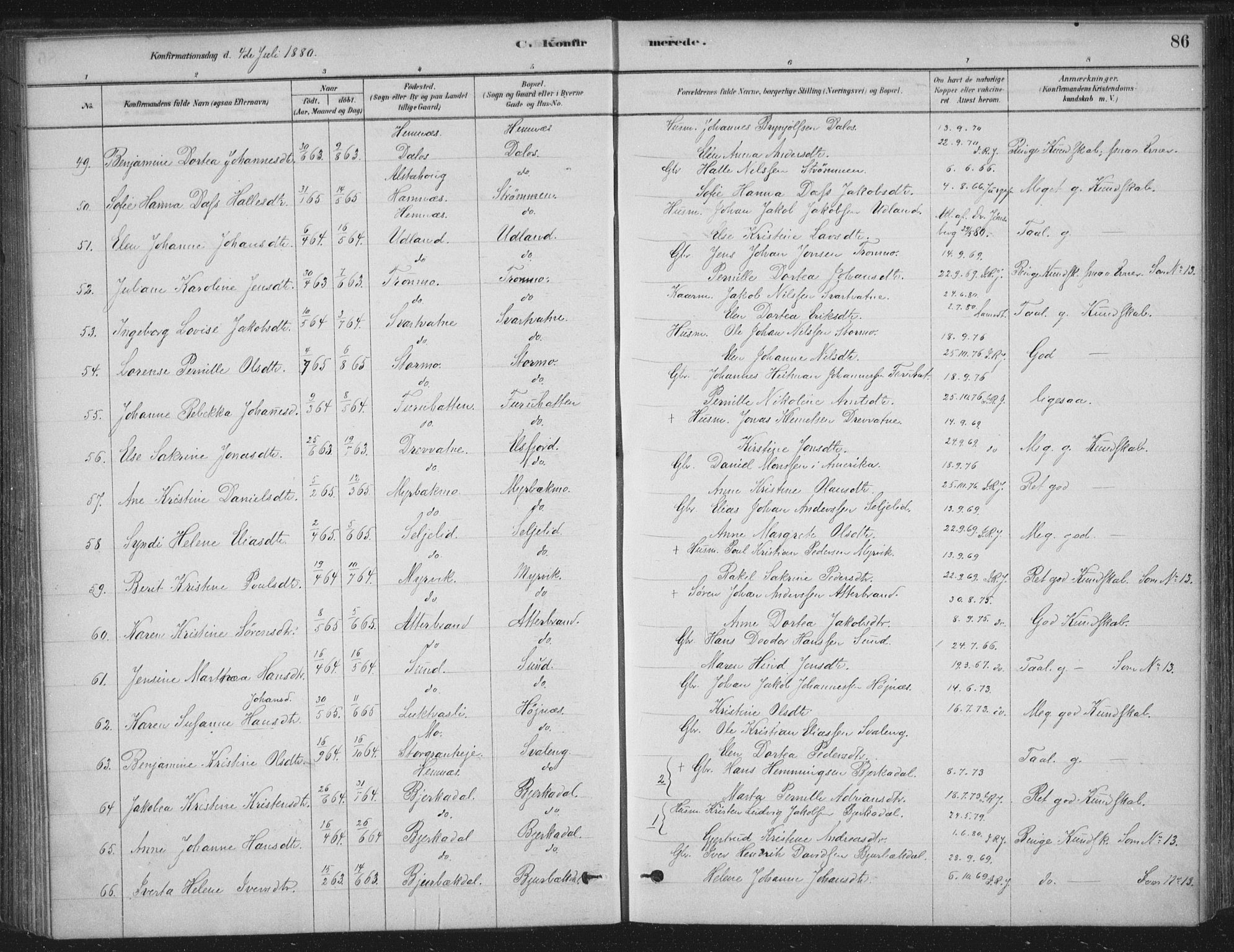 Ministerialprotokoller, klokkerbøker og fødselsregistre - Nordland, SAT/A-1459/825/L0361: Parish register (official) no. 825A15, 1878-1893, p. 86