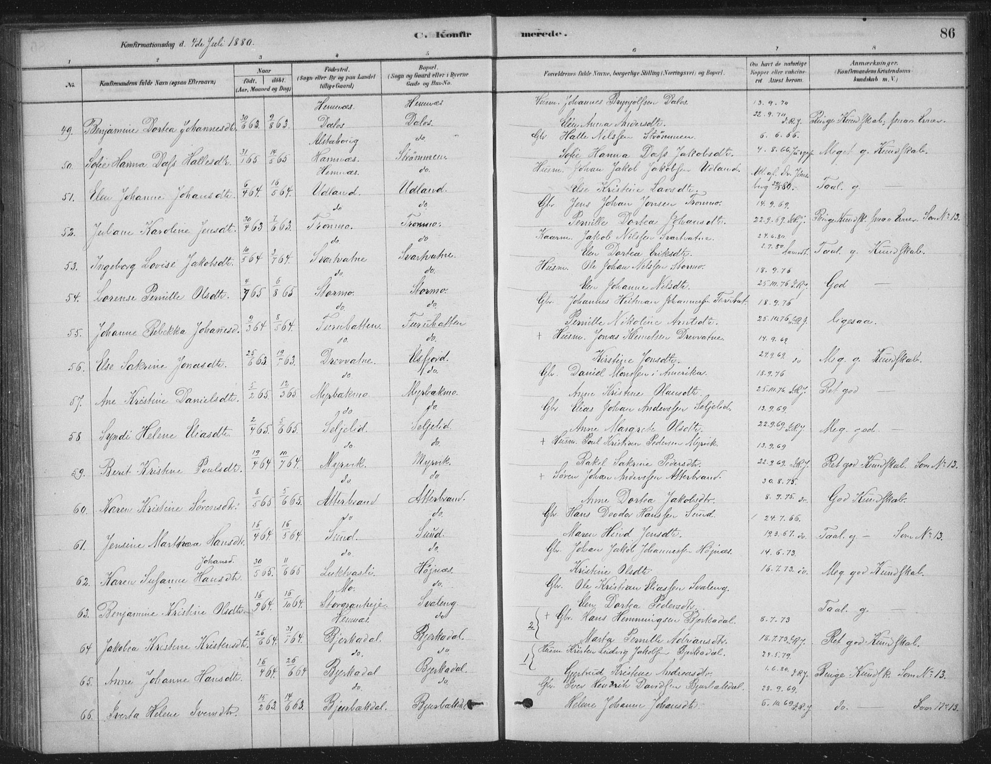 Ministerialprotokoller, klokkerbøker og fødselsregistre - Nordland, AV/SAT-A-1459/825/L0361: Parish register (official) no. 825A15, 1878-1893, p. 86