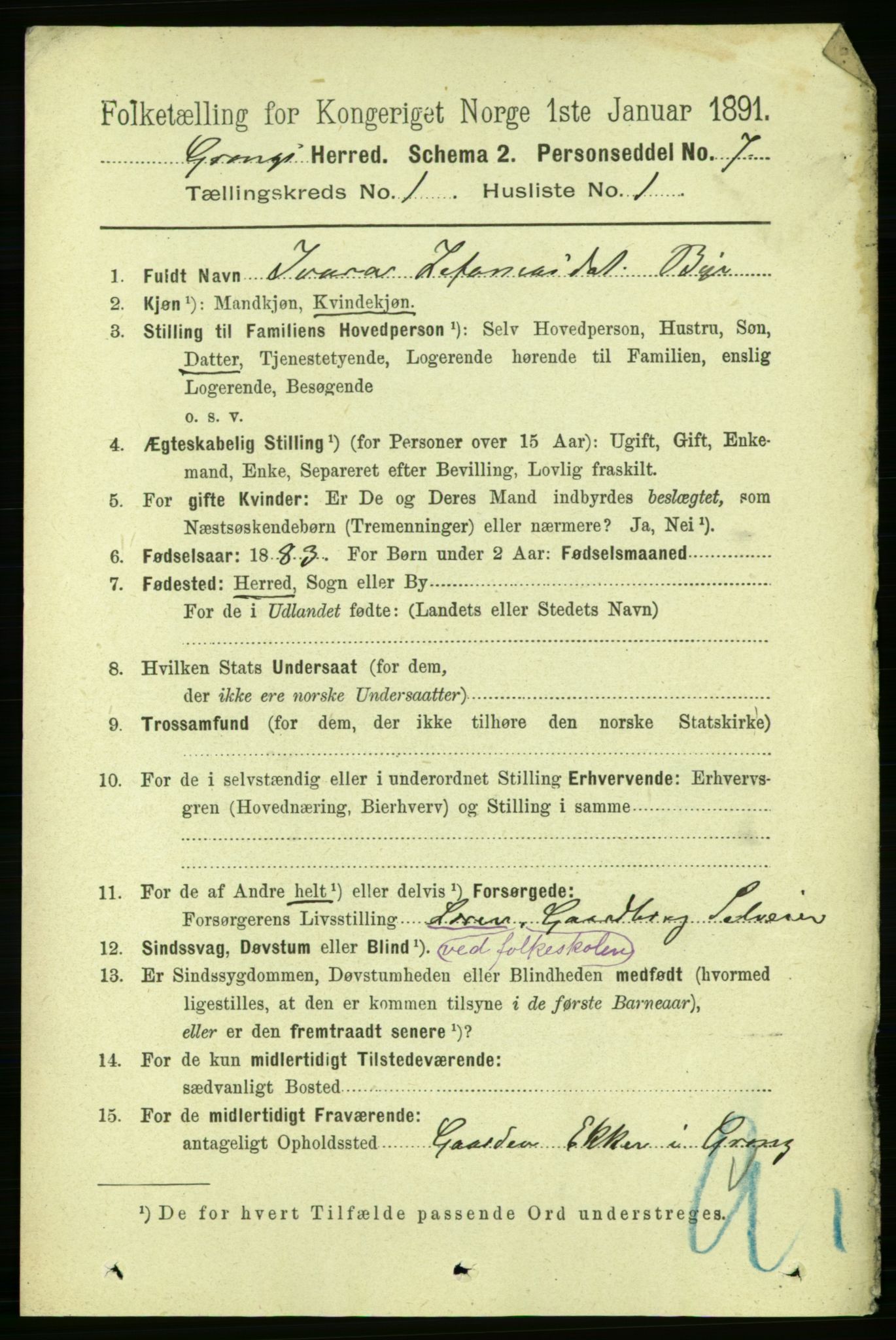 RA, 1891 census for 1742 Grong, 1891, p. 127