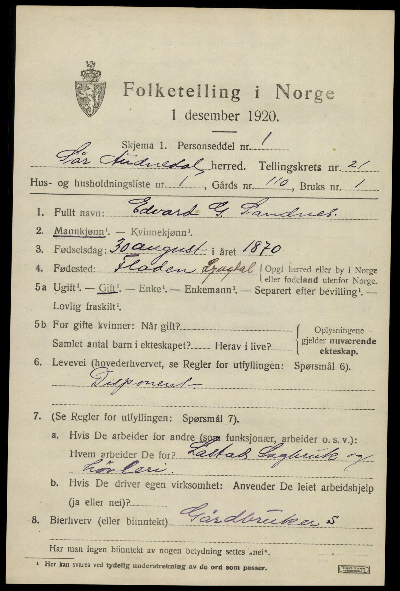 SAK, 1920 census for Sør-Audnedal, 1920, p. 6927