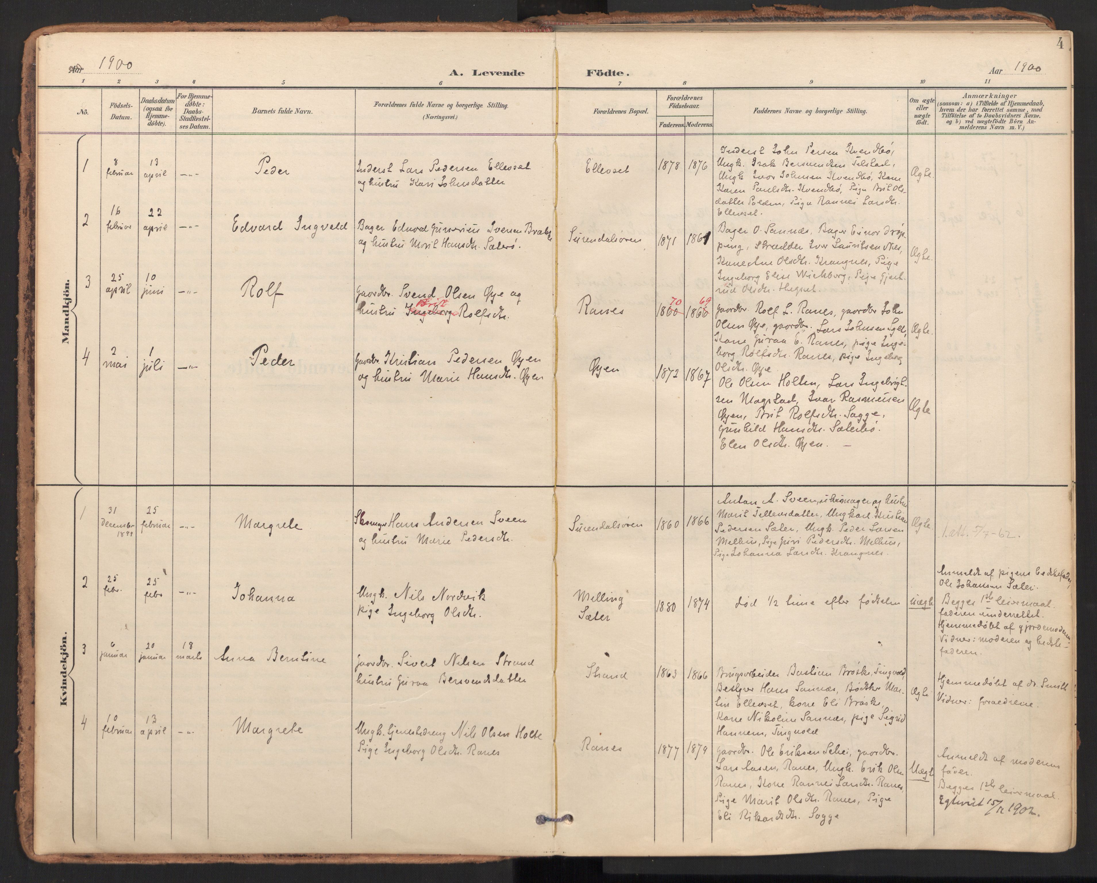 Ministerialprotokoller, klokkerbøker og fødselsregistre - Møre og Romsdal, AV/SAT-A-1454/596/L1057: Parish register (official) no. 596A02, 1900-1917, p. 4