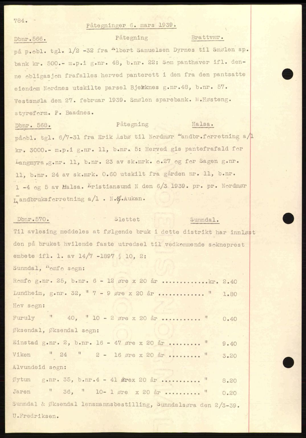 Nordmøre sorenskriveri, AV/SAT-A-4132/1/2/2Ca: Mortgage book no. C80, 1936-1939, Diary no: : 566/1939