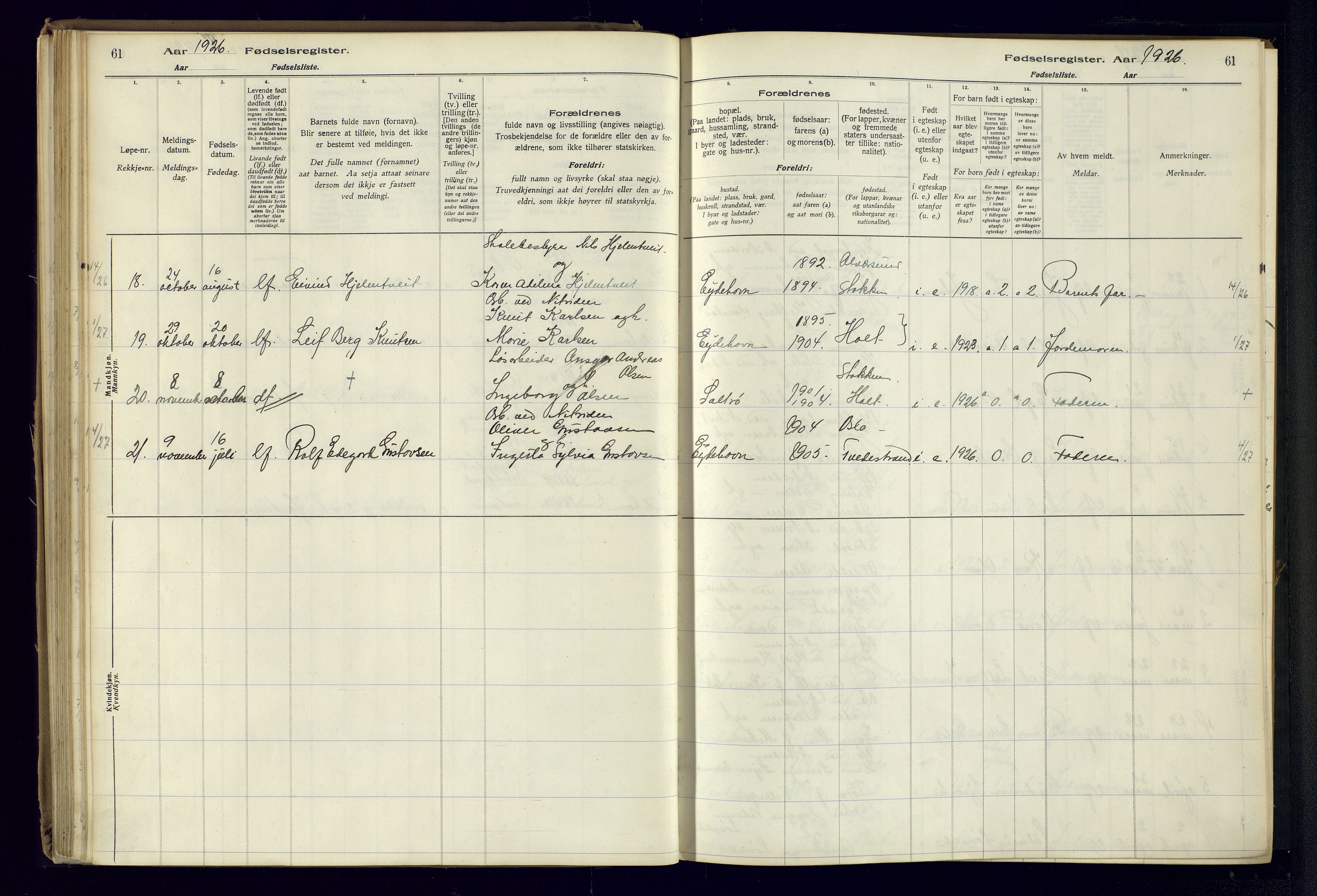 Austre Moland sokneprestkontor, AV/SAK-1111-0001/J/Ja/L0003: Birth register no. A-VI-27, 1916-1950, p. 61