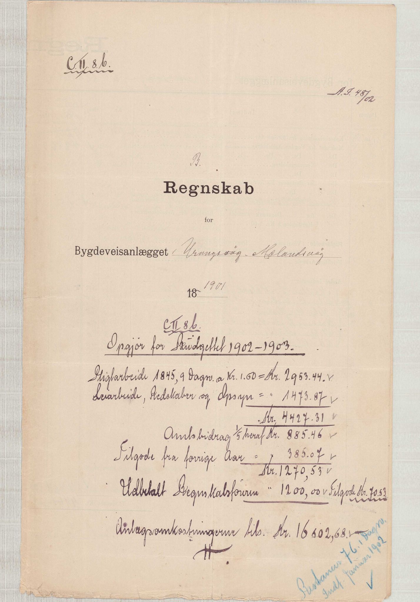 Finnaas kommune. Formannskapet, IKAH/1218a-021/E/Ea/L0002/0002: Rekneskap for veganlegg / Rekneskap for veganlegget Urangsvåg - Mælandsvåg, 1901-1903, p. 12