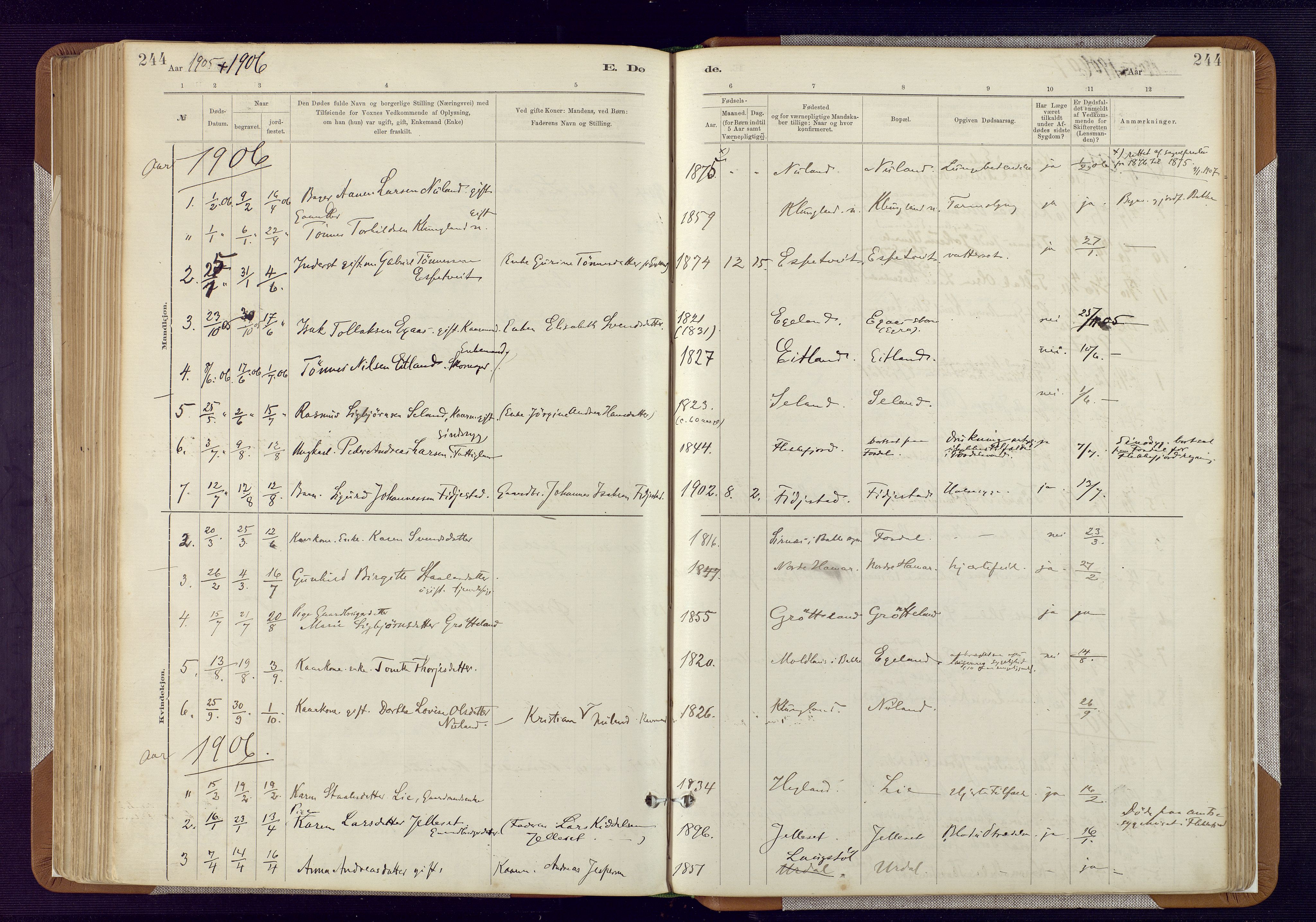 Bakke sokneprestkontor, SAK/1111-0002/F/Fa/Fab/L0003: Parish register (official) no. A 3, 1884-1921, p. 244