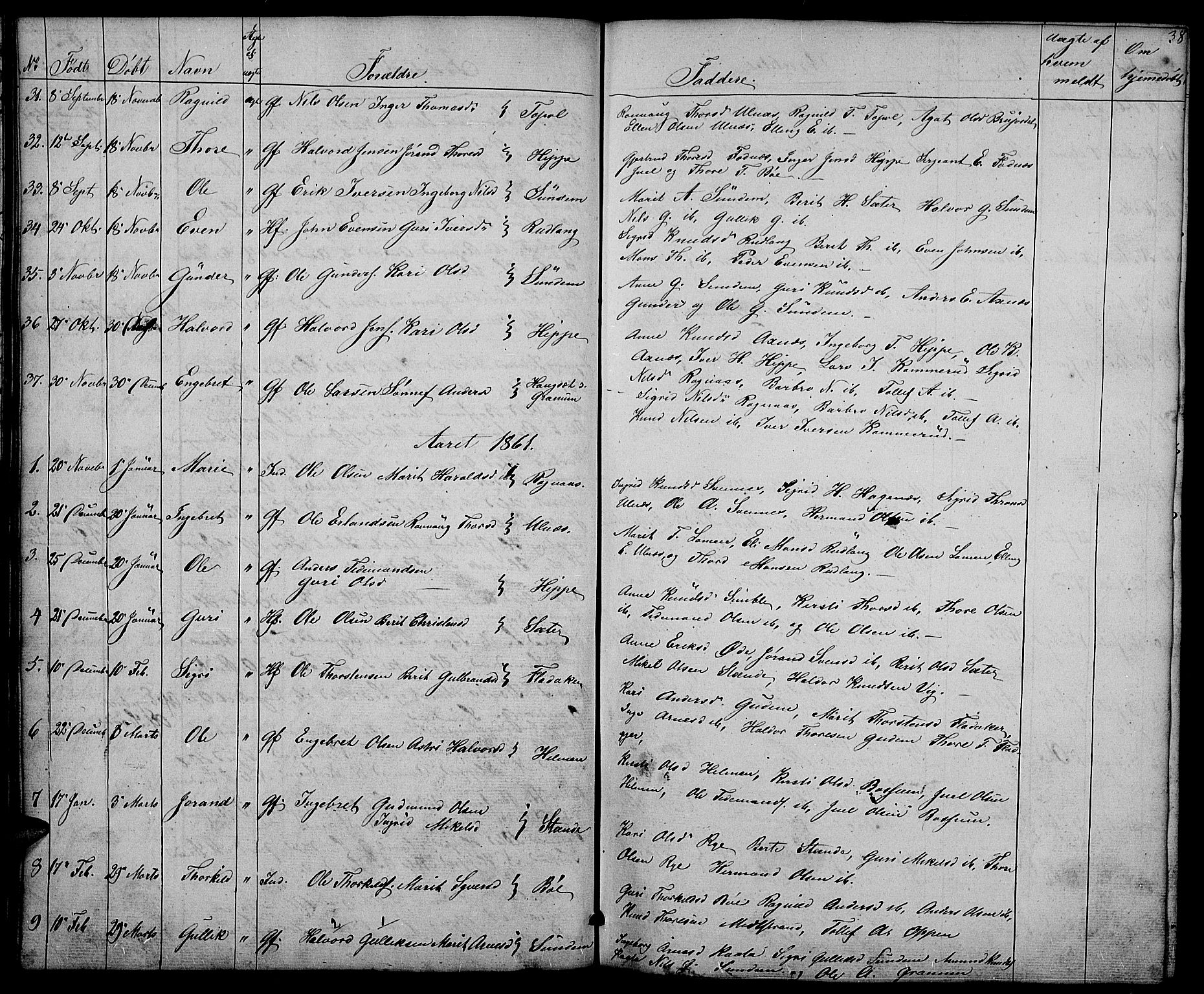 Nord-Aurdal prestekontor, SAH/PREST-132/H/Ha/Hab/L0004: Parish register (copy) no. 4, 1842-1882, p. 38