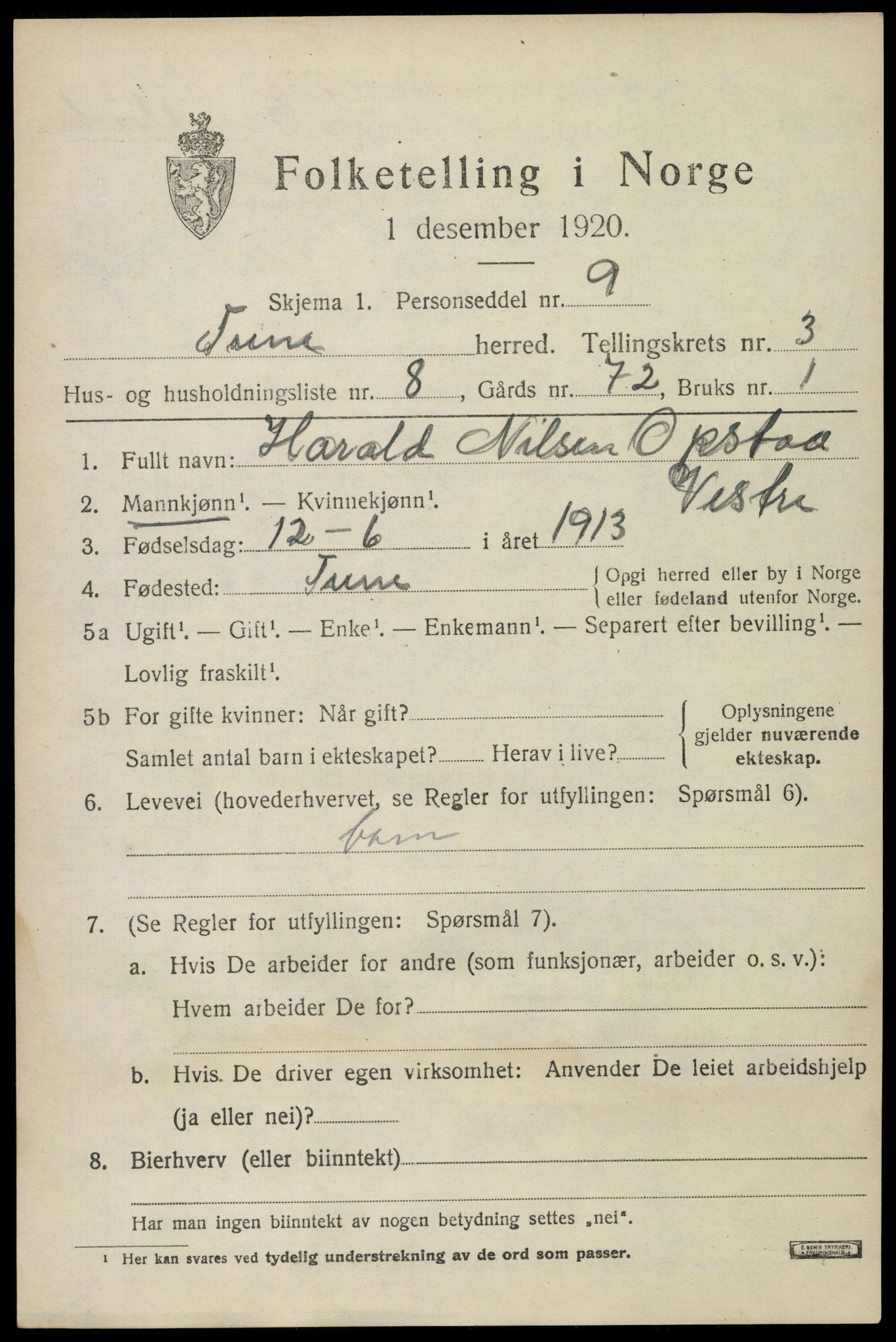 SAO, 1920 census for Tune, 1920, p. 3776