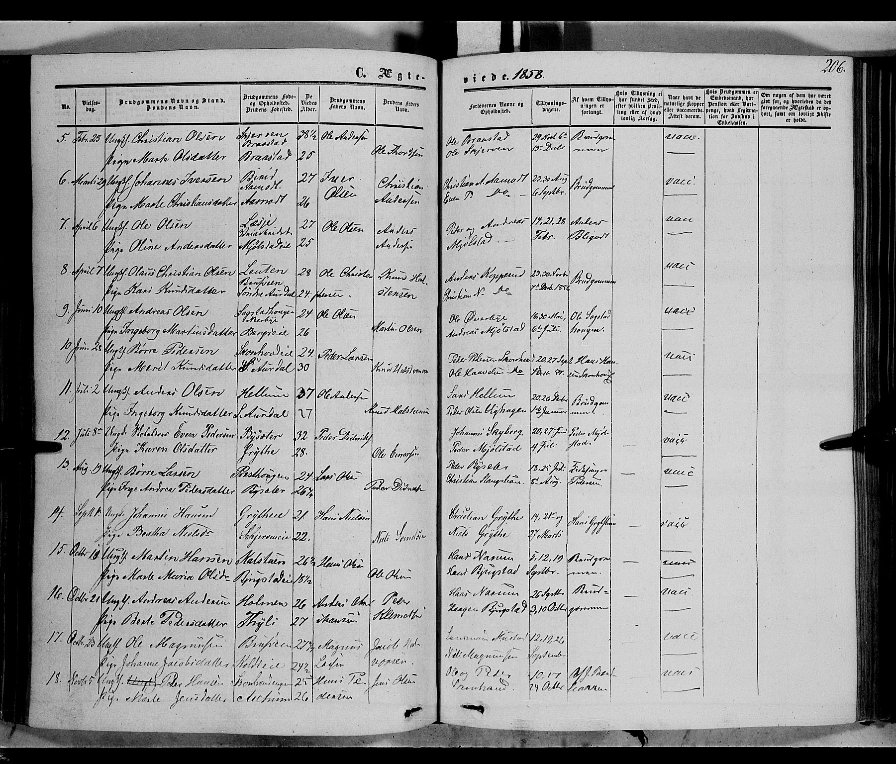 Vardal prestekontor, SAH/PREST-100/H/Ha/Haa/L0006: Parish register (official) no. 6, 1854-1866, p. 206