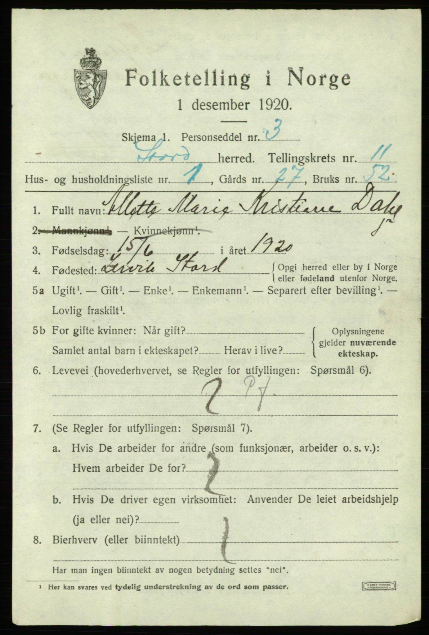 SAB, 1920 census for Stord, 1920, p. 6319