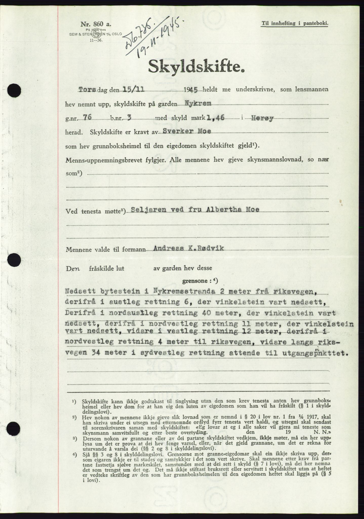 Søre Sunnmøre sorenskriveri, AV/SAT-A-4122/1/2/2C/L0077: Mortgage book no. 3A, 1945-1946, Diary no: : 735/1945