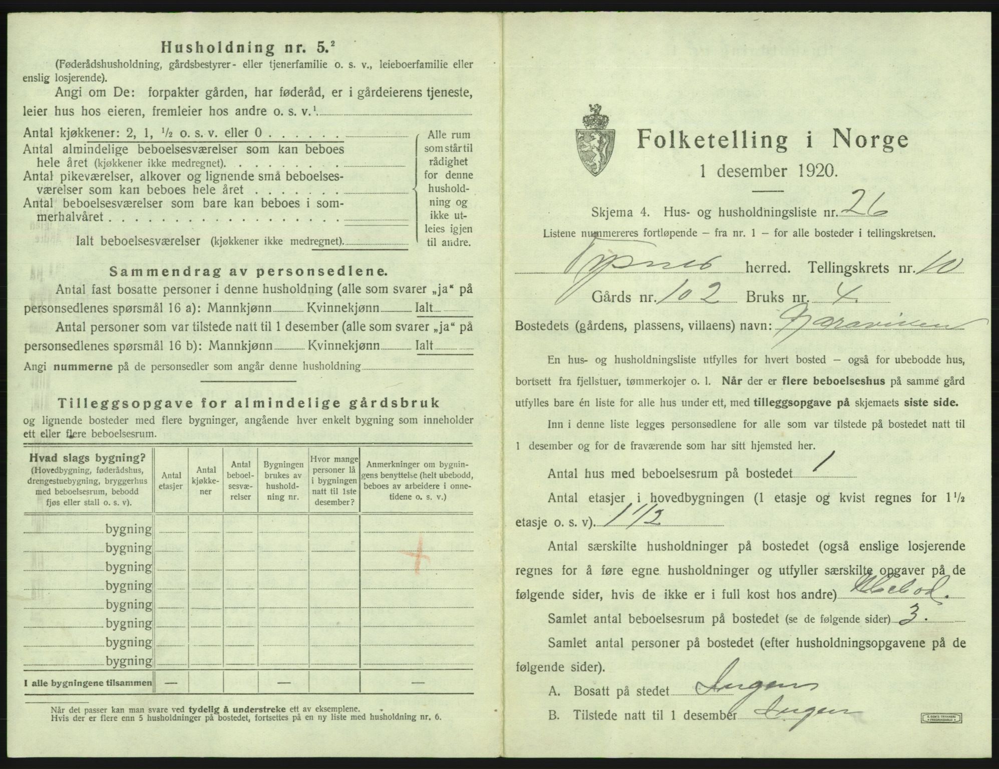 SAB, 1920 census for Tysnes, 1920, p. 1037