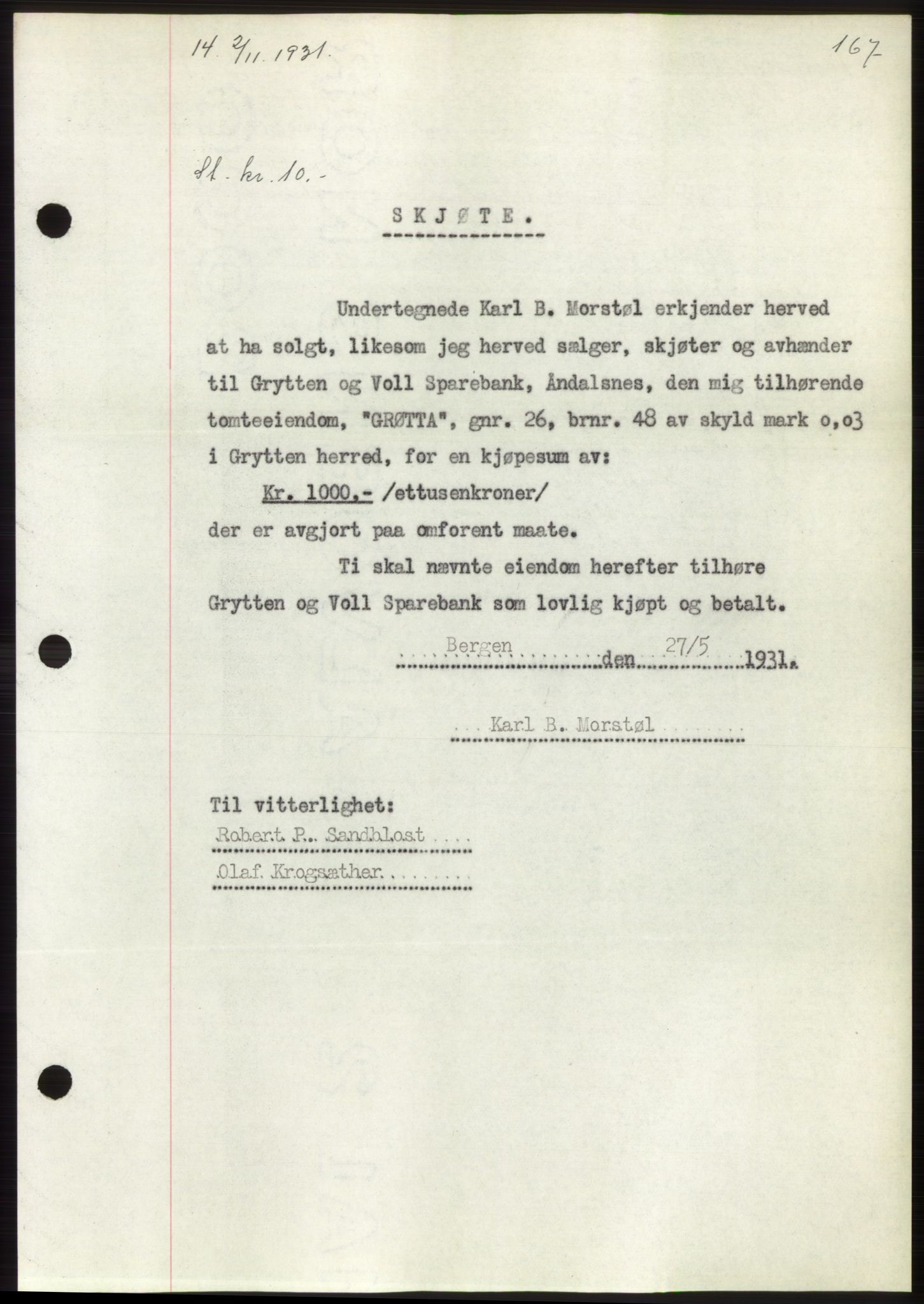 Romsdal sorenskriveri, AV/SAT-A-4149/1/2/2C/L0060: Mortgage book no. 54, 1931-1932, Deed date: 02.11.1931