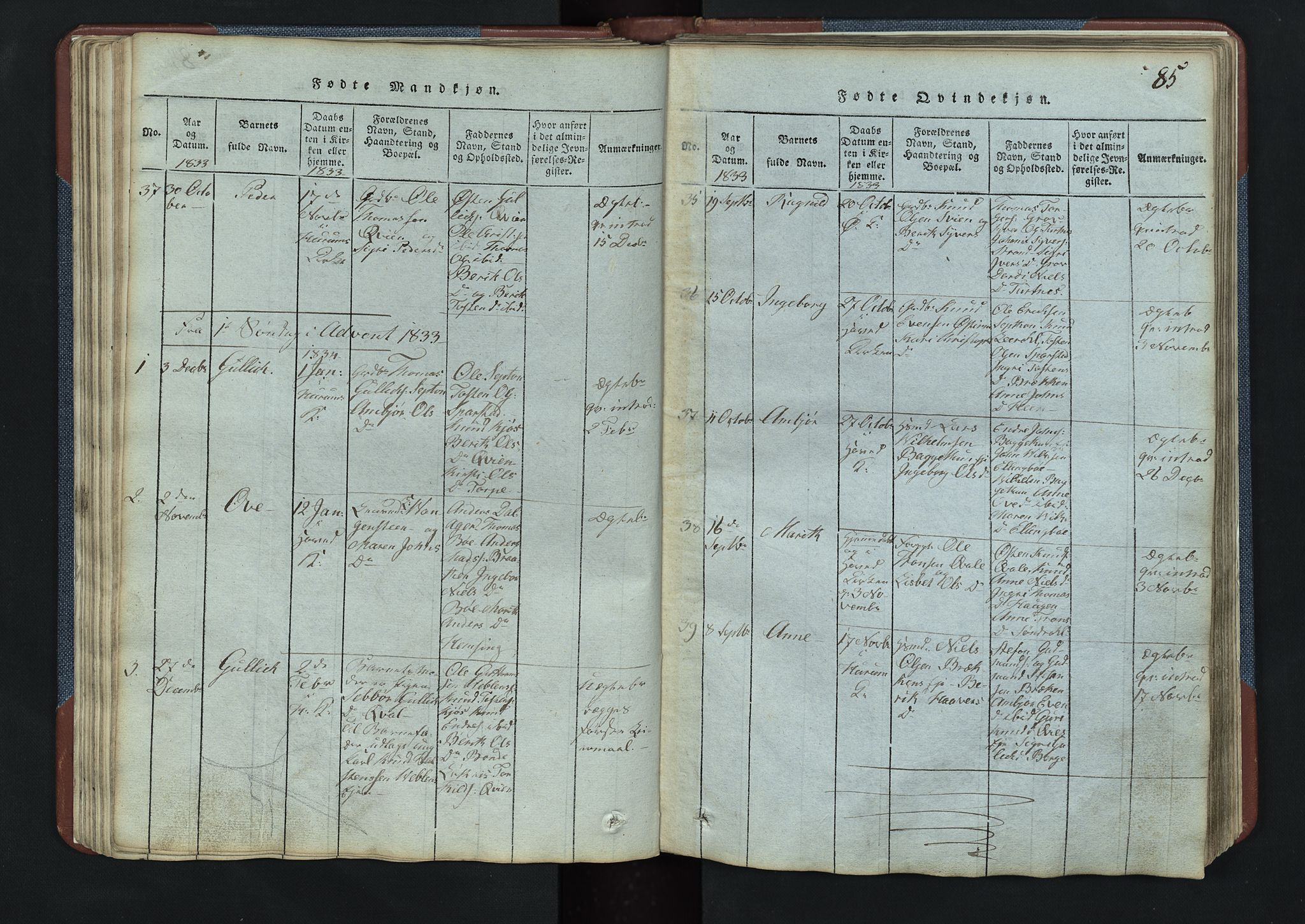 Vang prestekontor, Valdres, SAH/PREST-140/H/Hb/L0003: Parish register (copy) no. 3, 1814-1892, p. 85