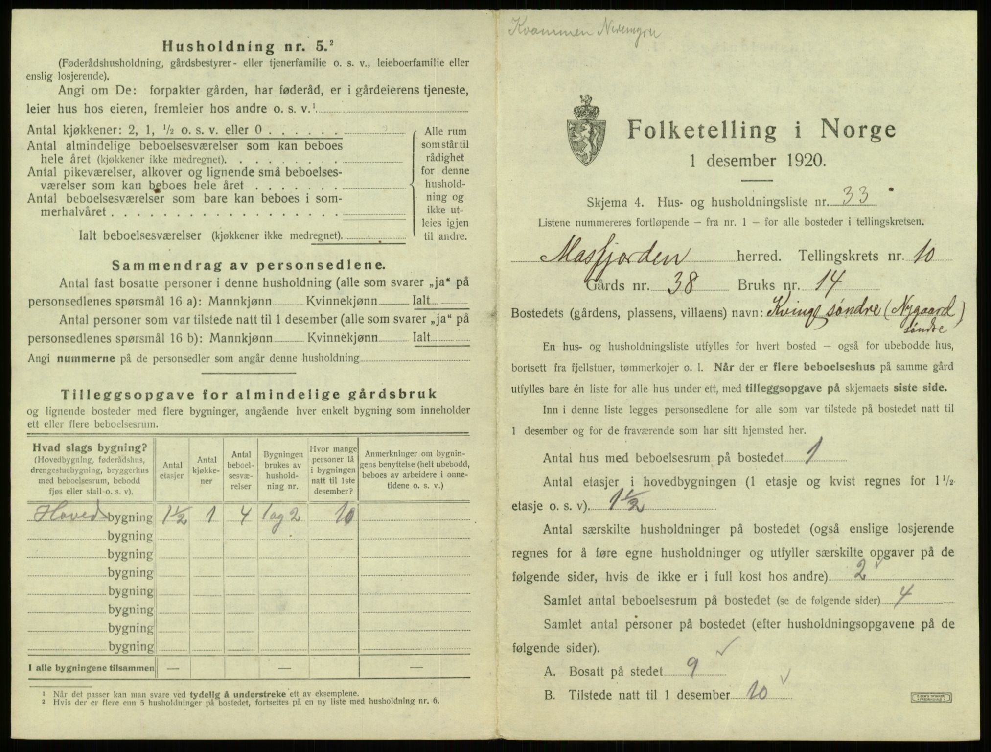 SAB, 1920 census for Masfjorden, 1920, p. 529