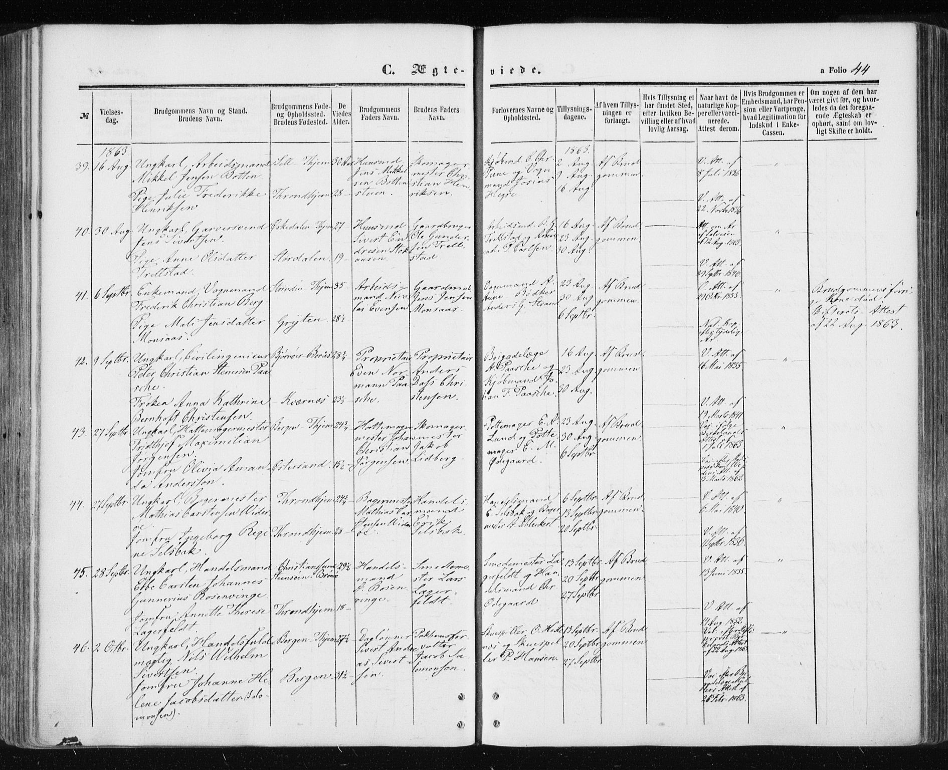 Ministerialprotokoller, klokkerbøker og fødselsregistre - Sør-Trøndelag, AV/SAT-A-1456/601/L0053: Parish register (official) no. 601A21, 1857-1865, p. 44