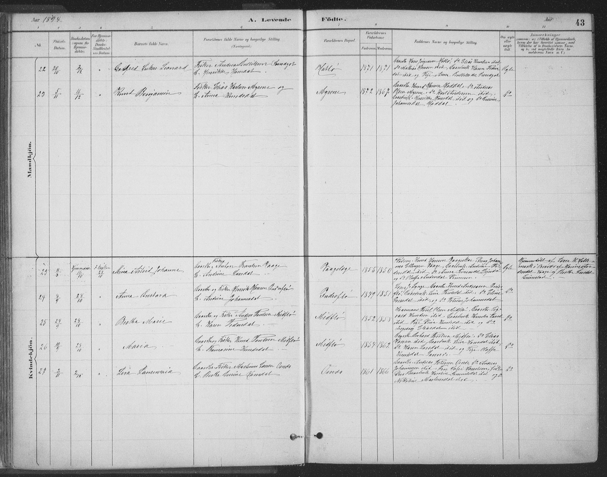 Ministerialprotokoller, klokkerbøker og fødselsregistre - Møre og Romsdal, SAT/A-1454/509/L0106: Parish register (official) no. 509A04, 1883-1922, p. 43