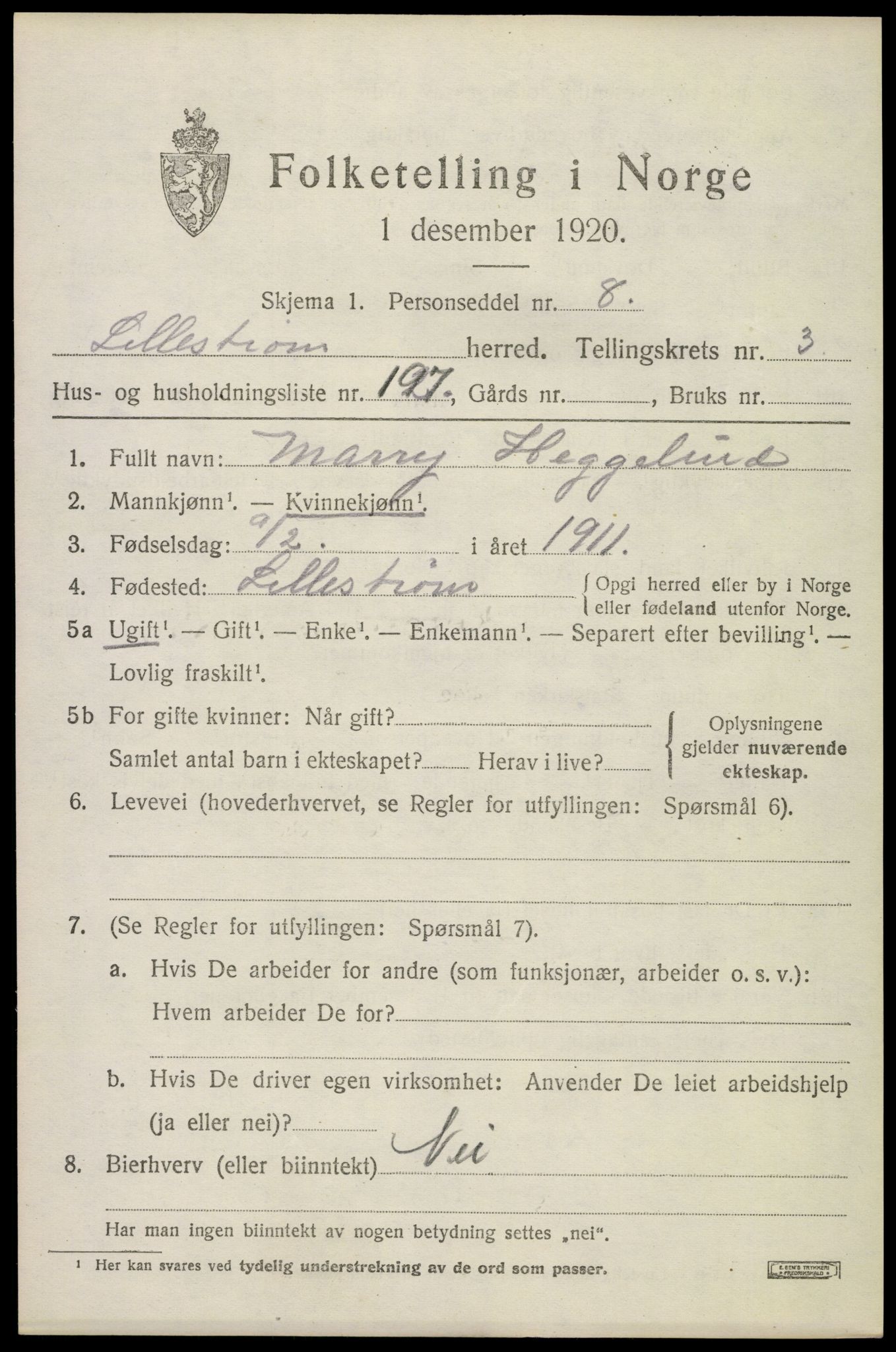 SAO, 1920 census for Lillestrøm, 1920, p. 10548