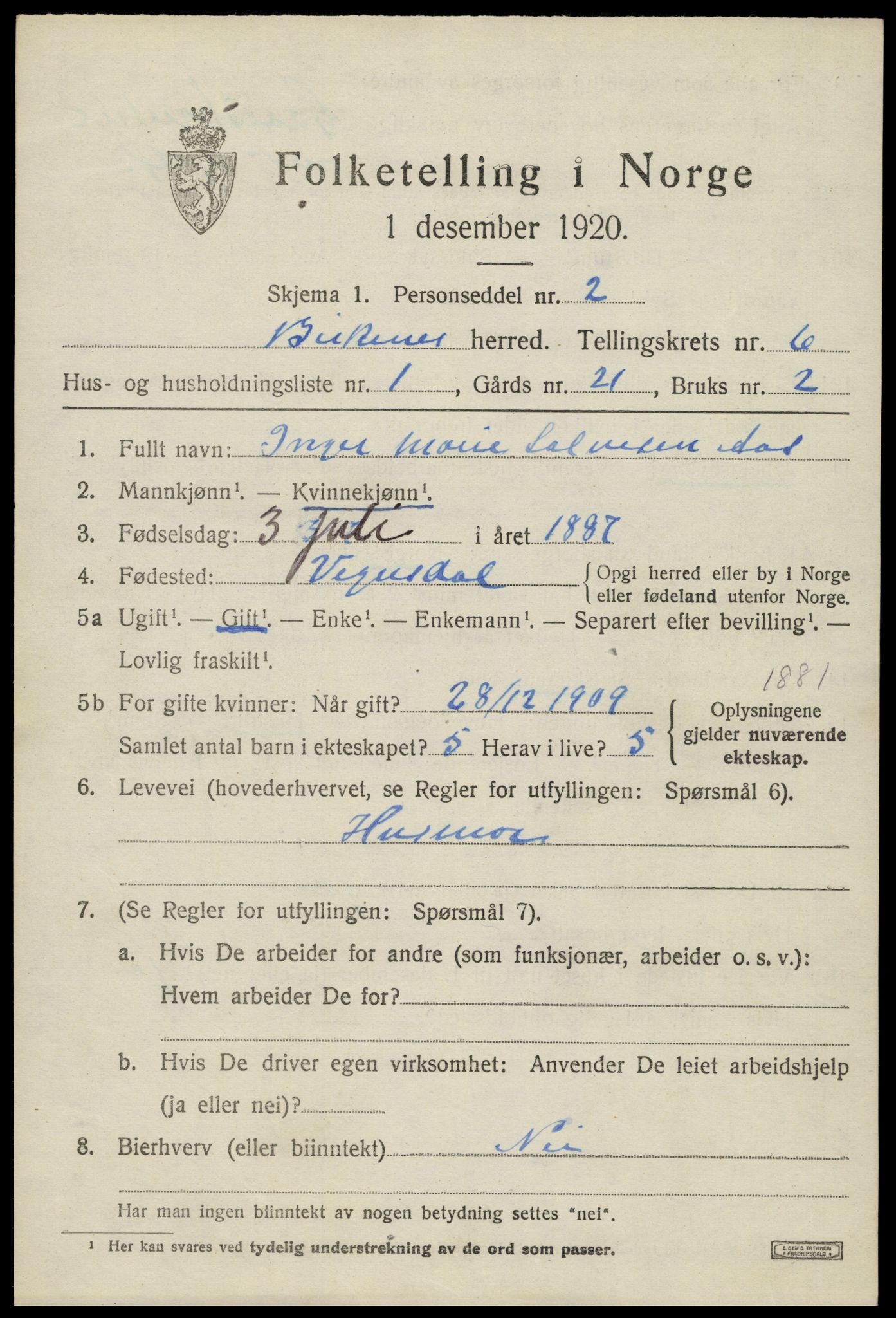 SAK, 1920 census for Birkenes, 1920, p. 3715