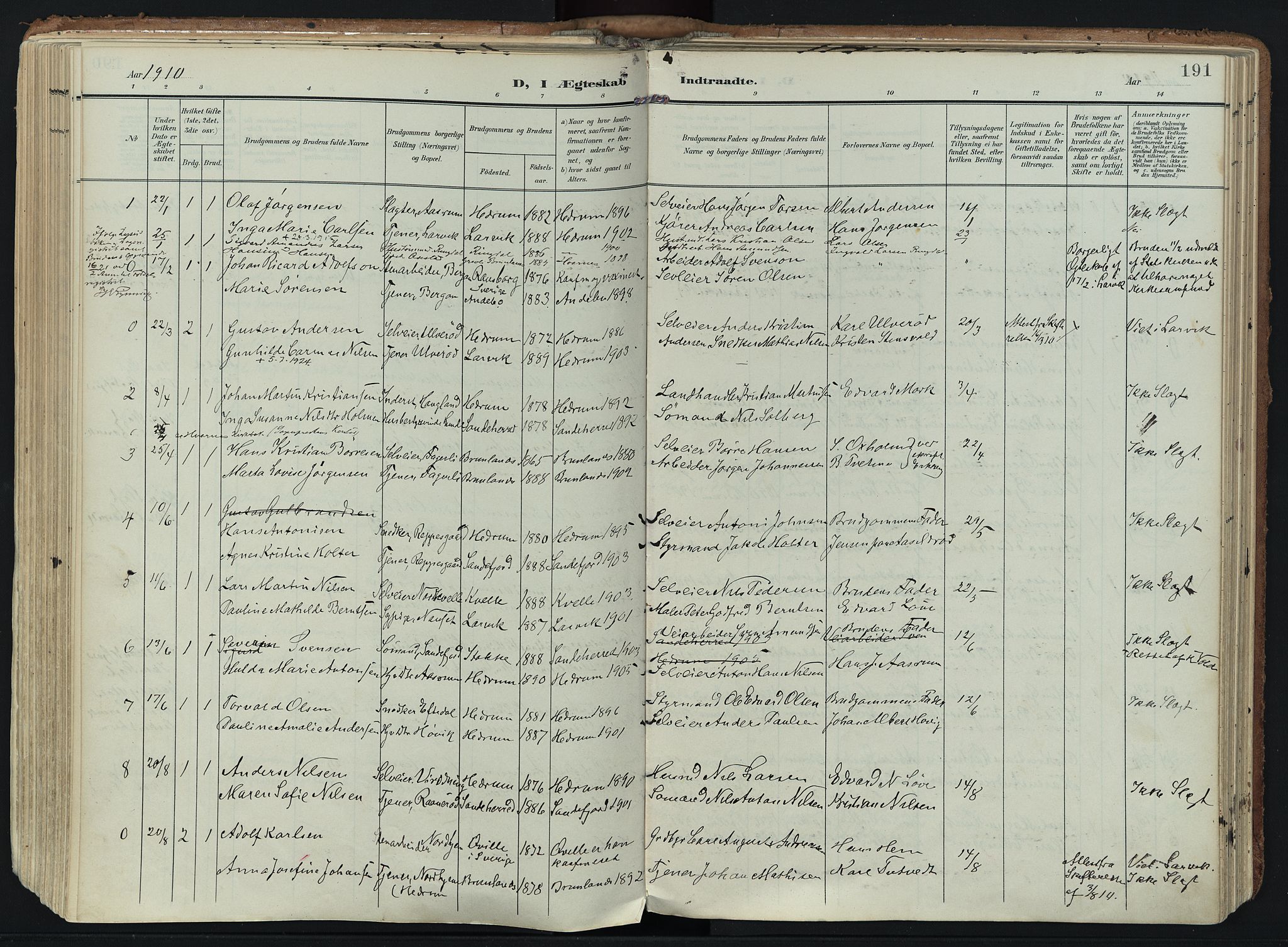 Hedrum kirkebøker, SAKO/A-344/F/Fa/L0010: Parish register (official) no. I 10, 1904-1918, p. 191