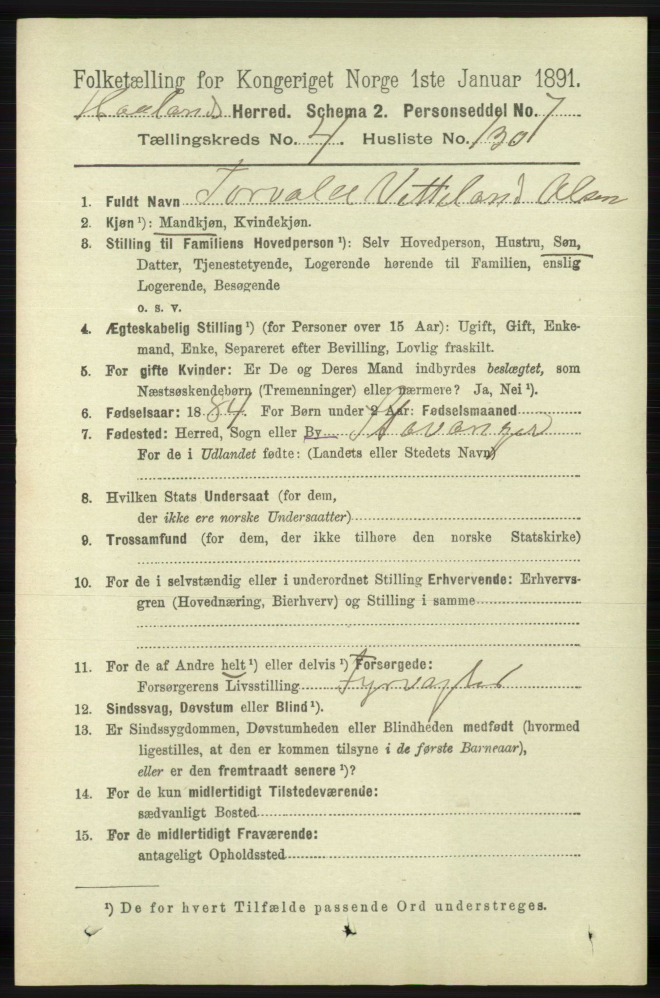 RA, 1891 census for 1124 Haaland, 1891, p. 3157