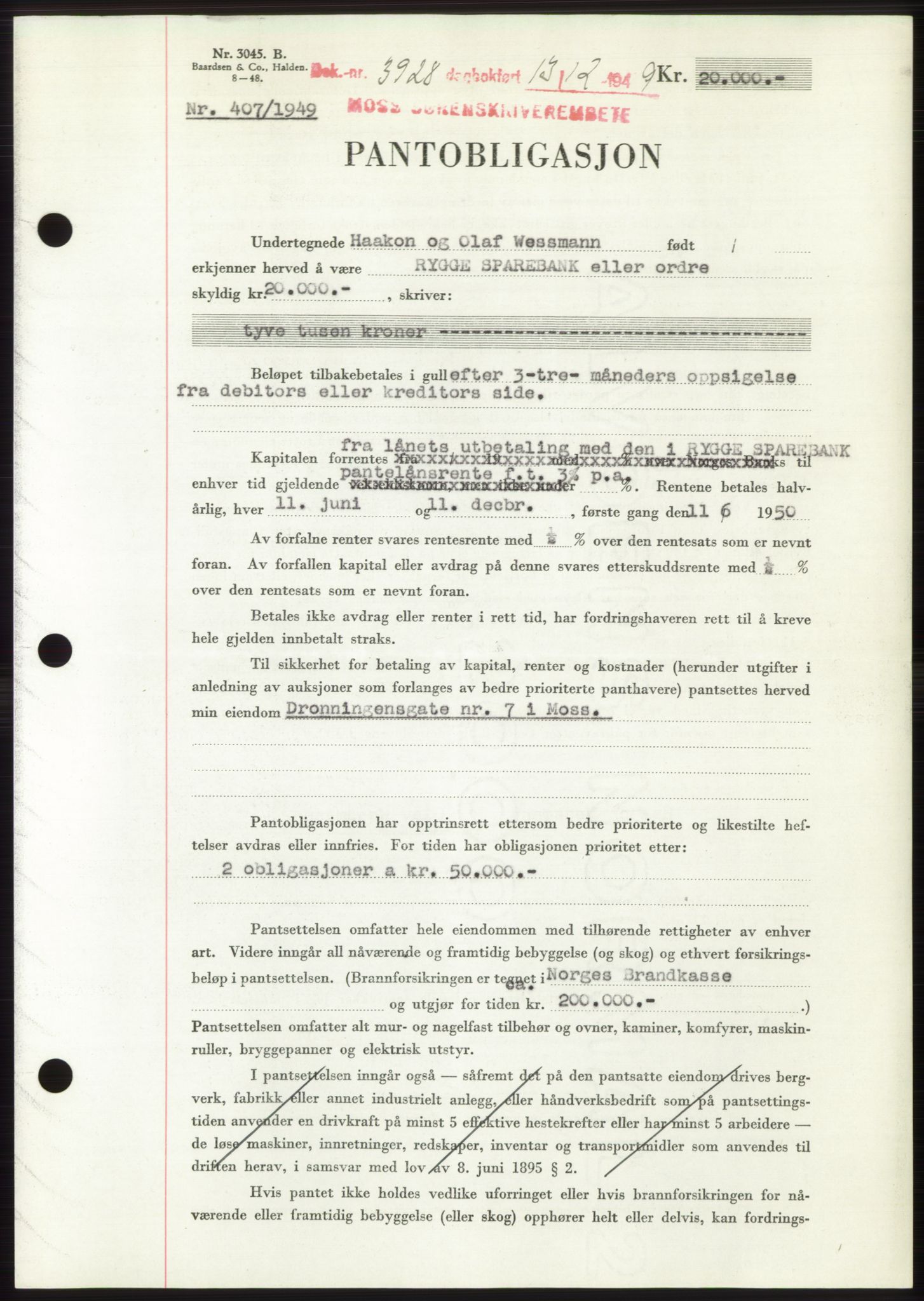 Moss sorenskriveri, SAO/A-10168: Mortgage book no. B23, 1949-1950, Diary no: : 3928/1949