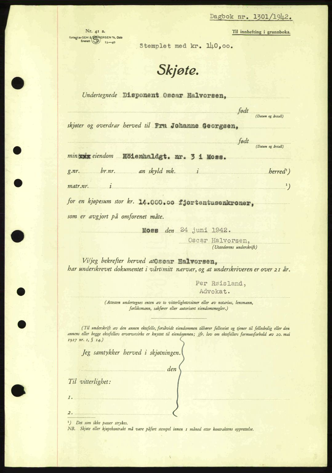 Moss sorenskriveri, SAO/A-10168: Mortgage book no. A9, 1941-1942, Diary no: : 1301/1942