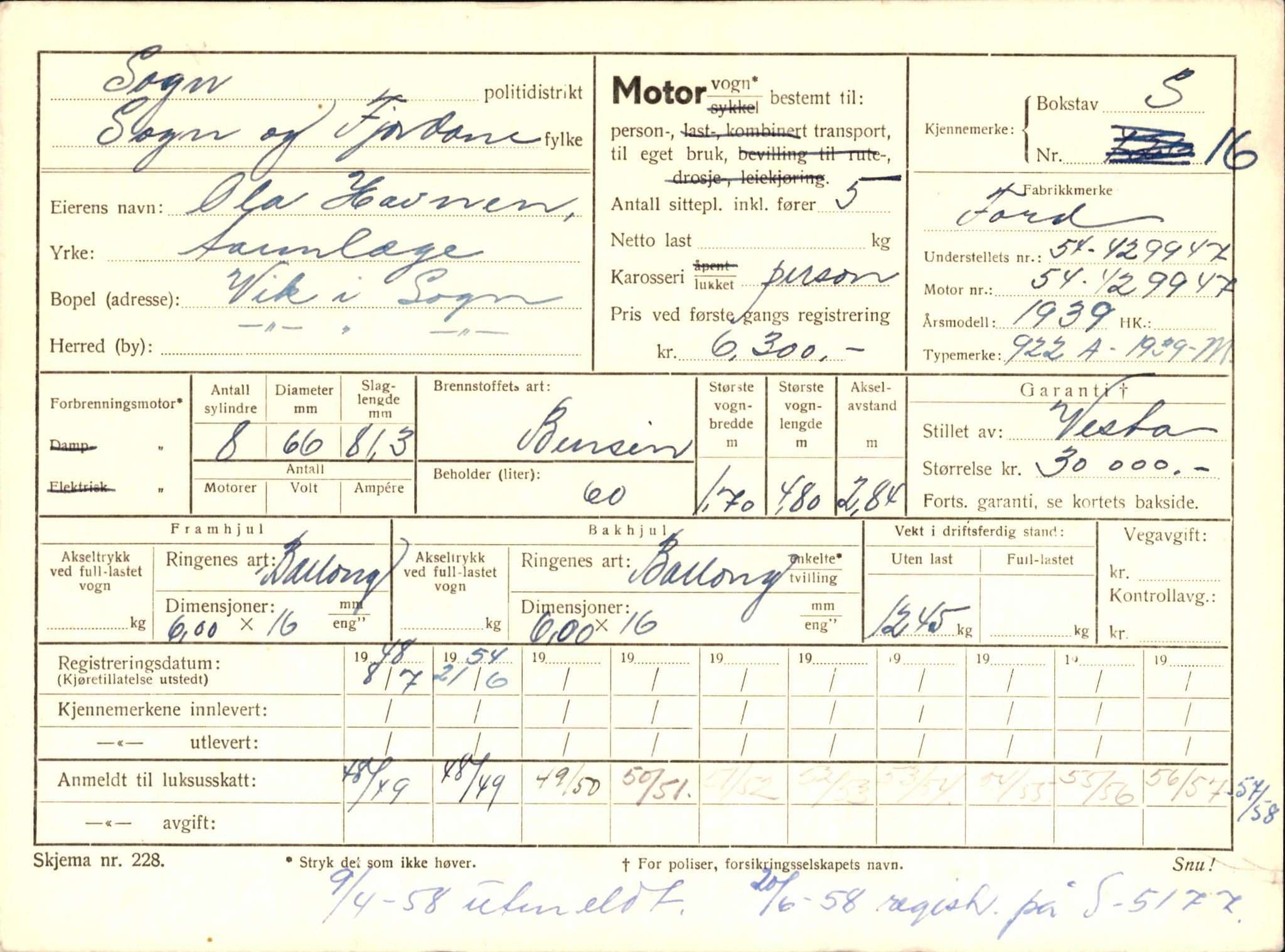 Statens vegvesen, Sogn og Fjordane vegkontor, AV/SAB-A-5301/4/F/L0008: Registerkort utmeldte Sogn, 1957-1959, p. 5