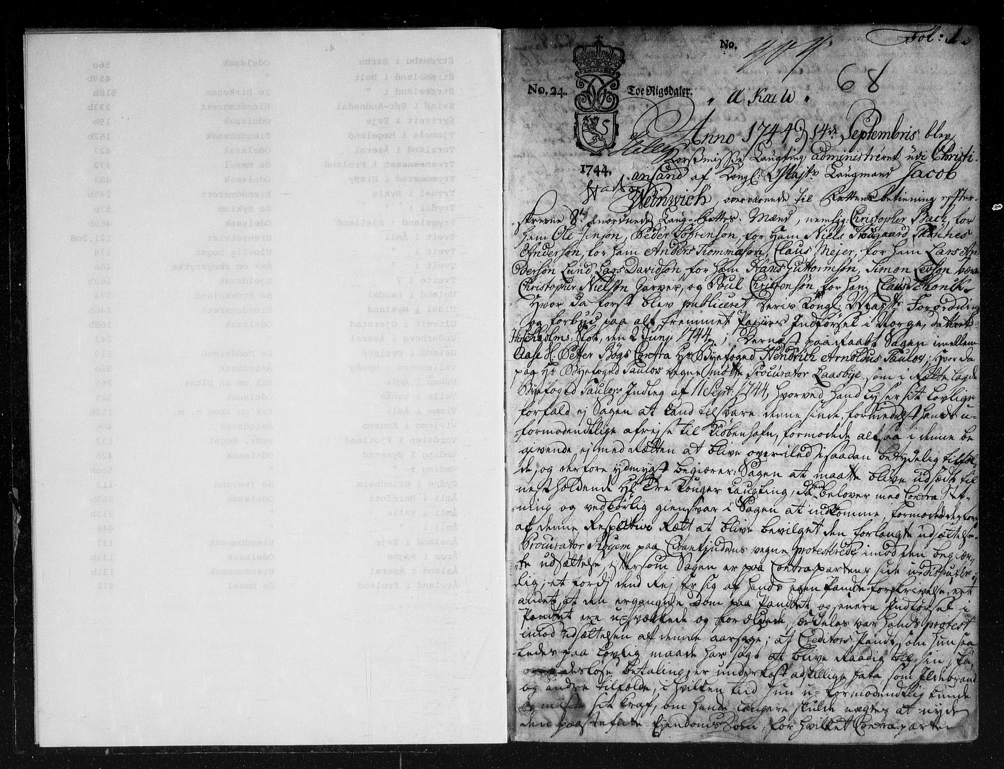 Kristiansand lagdømme, SAK/1232-0001/F/Fb/L0006: Tingbok med register, 1744-1759, p. 0b-1a