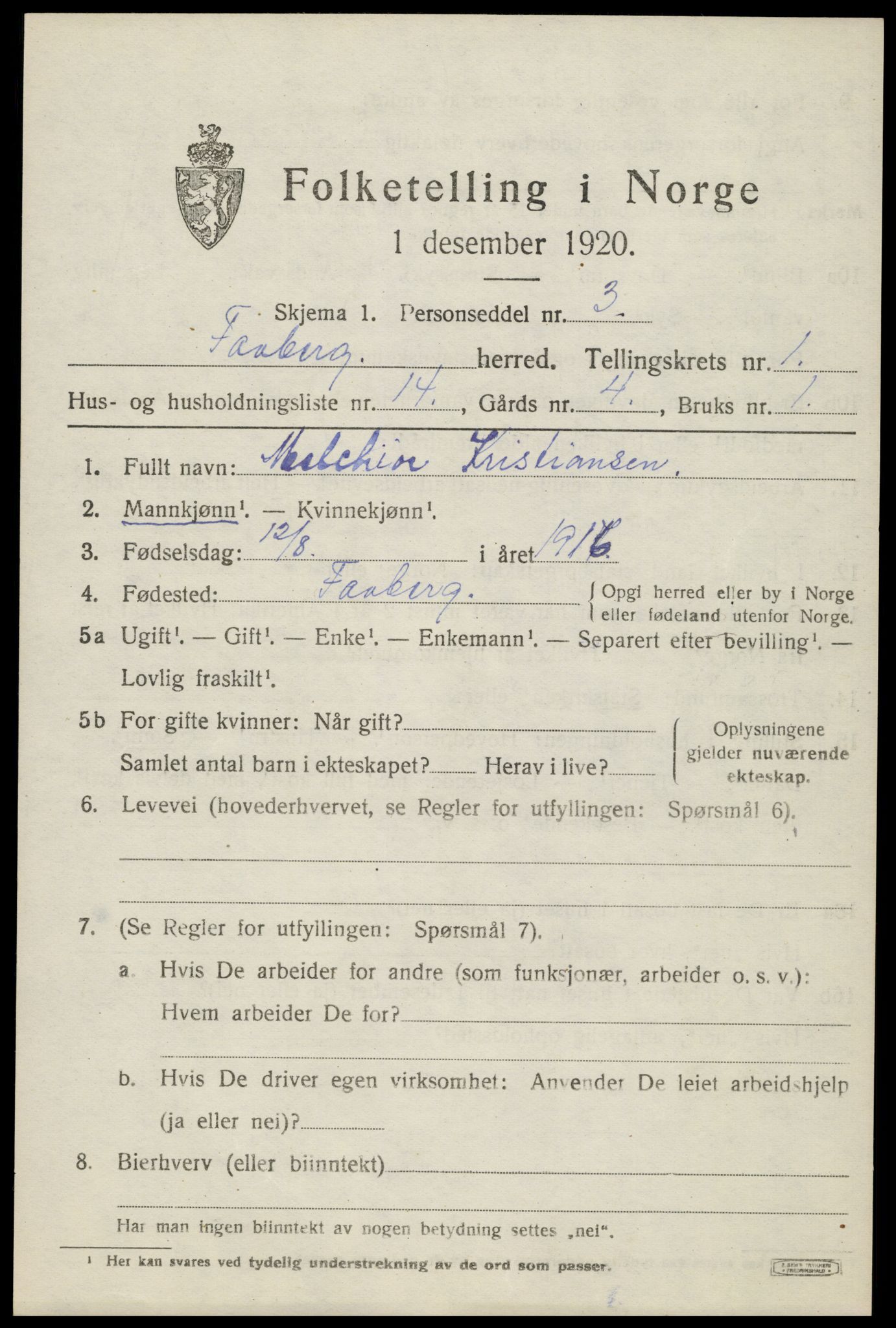 SAH, 1920 census for Fåberg, 1920, p. 2408