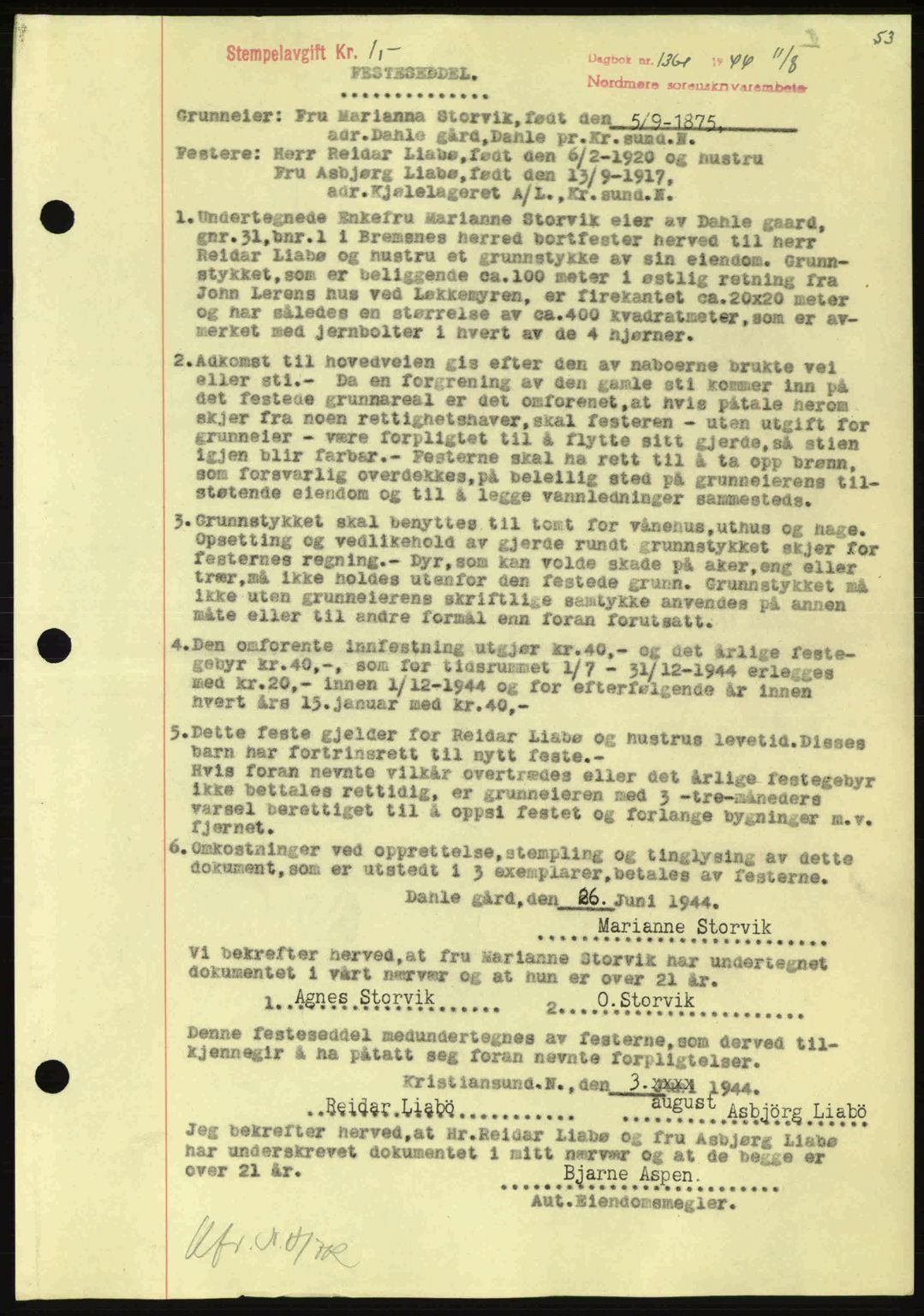 Nordmøre sorenskriveri, AV/SAT-A-4132/1/2/2Ca: Mortgage book no. B92, 1944-1945, Diary no: : 1361/1944