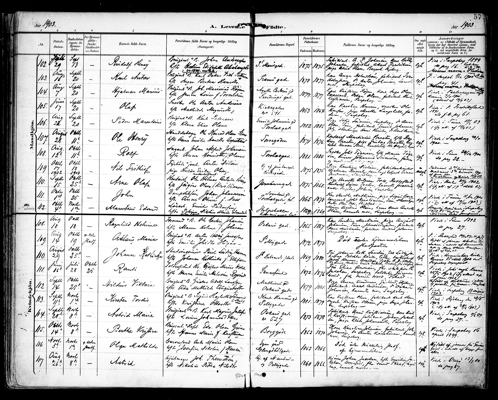 Sarpsborg prestekontor Kirkebøker, AV/SAO-A-2006/F/Fa/L0005: Parish register (official) no. 5, 1900-1909, p. 57