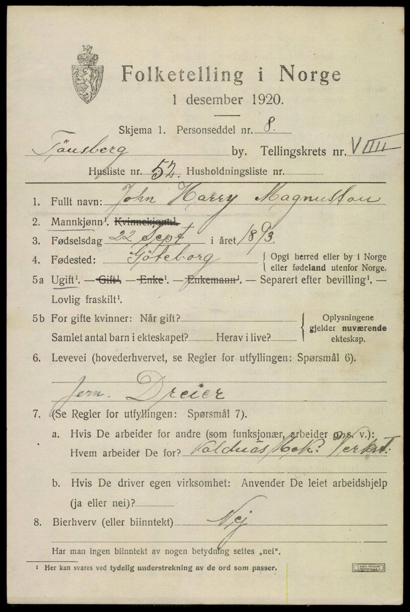 SAKO, 1920 census for Tønsberg, 1920, p. 18195