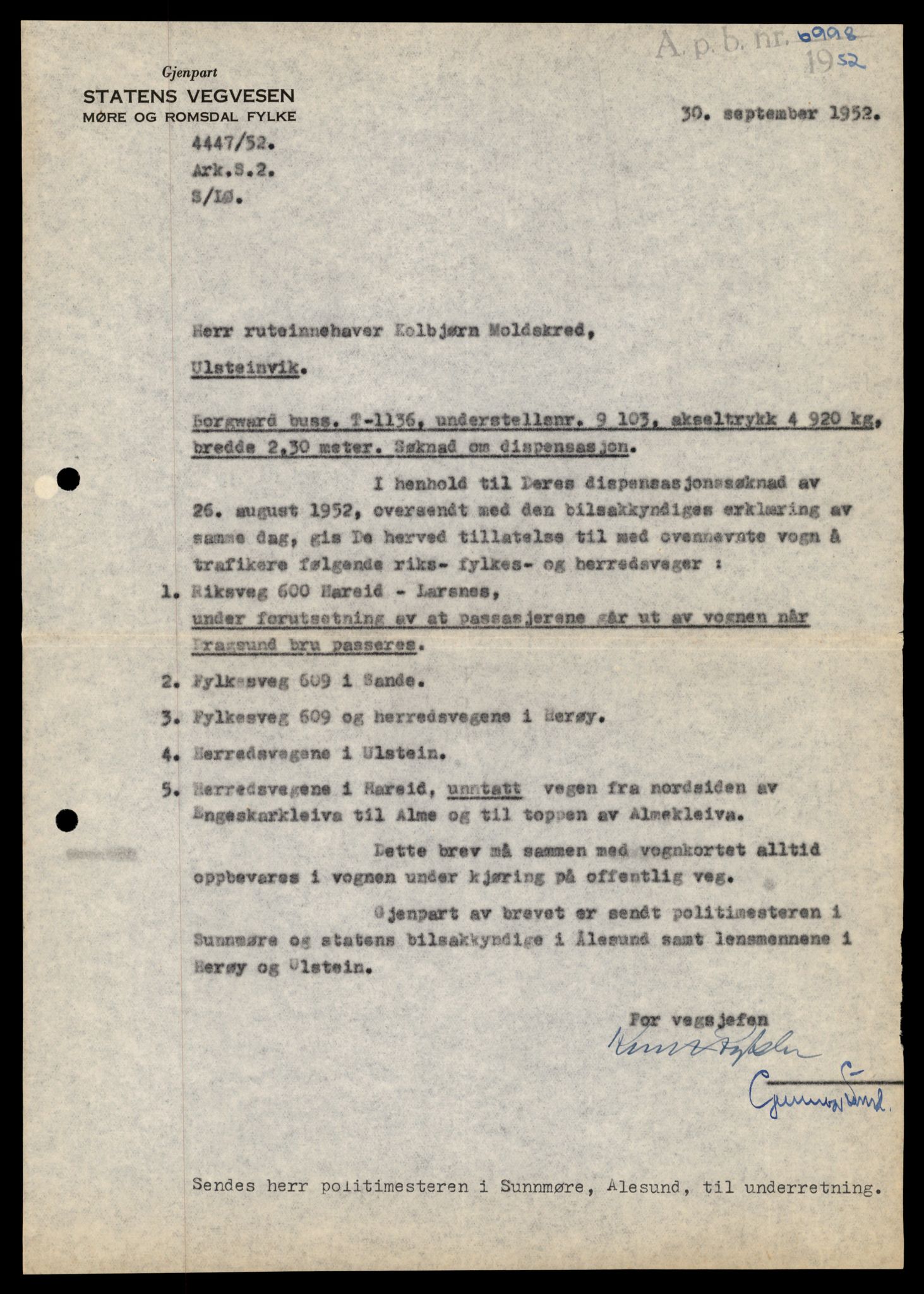 Møre og Romsdal vegkontor - Ålesund trafikkstasjon, AV/SAT-A-4099/F/Fe/L0010: Registreringskort for kjøretøy T 1050 - T 1169, 1927-1998, p. 2431