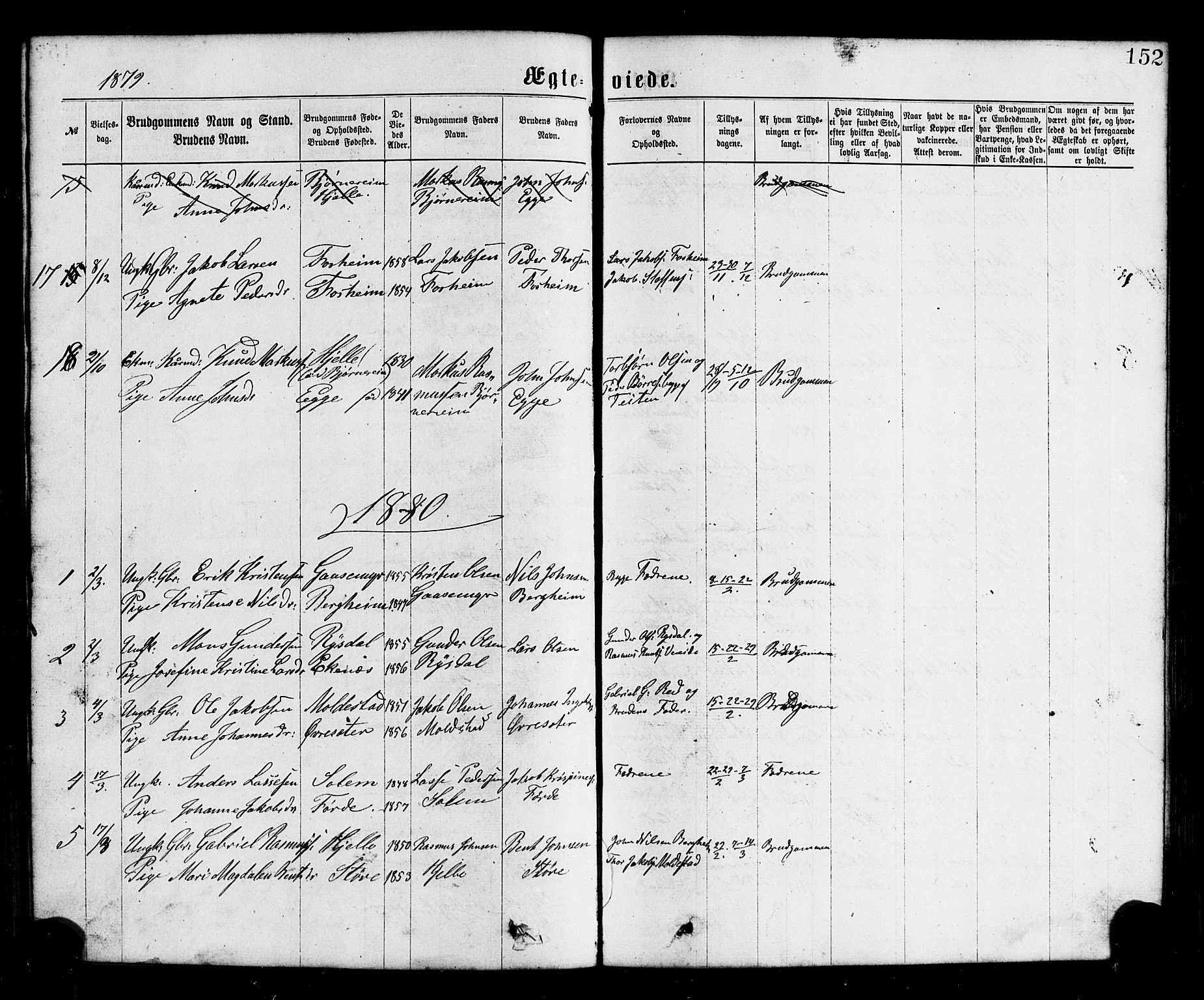 Gloppen sokneprestembete, SAB/A-80101/H/Hab/Habc/L0001: Parish register (copy) no. C 1, 1872-1896, p. 152