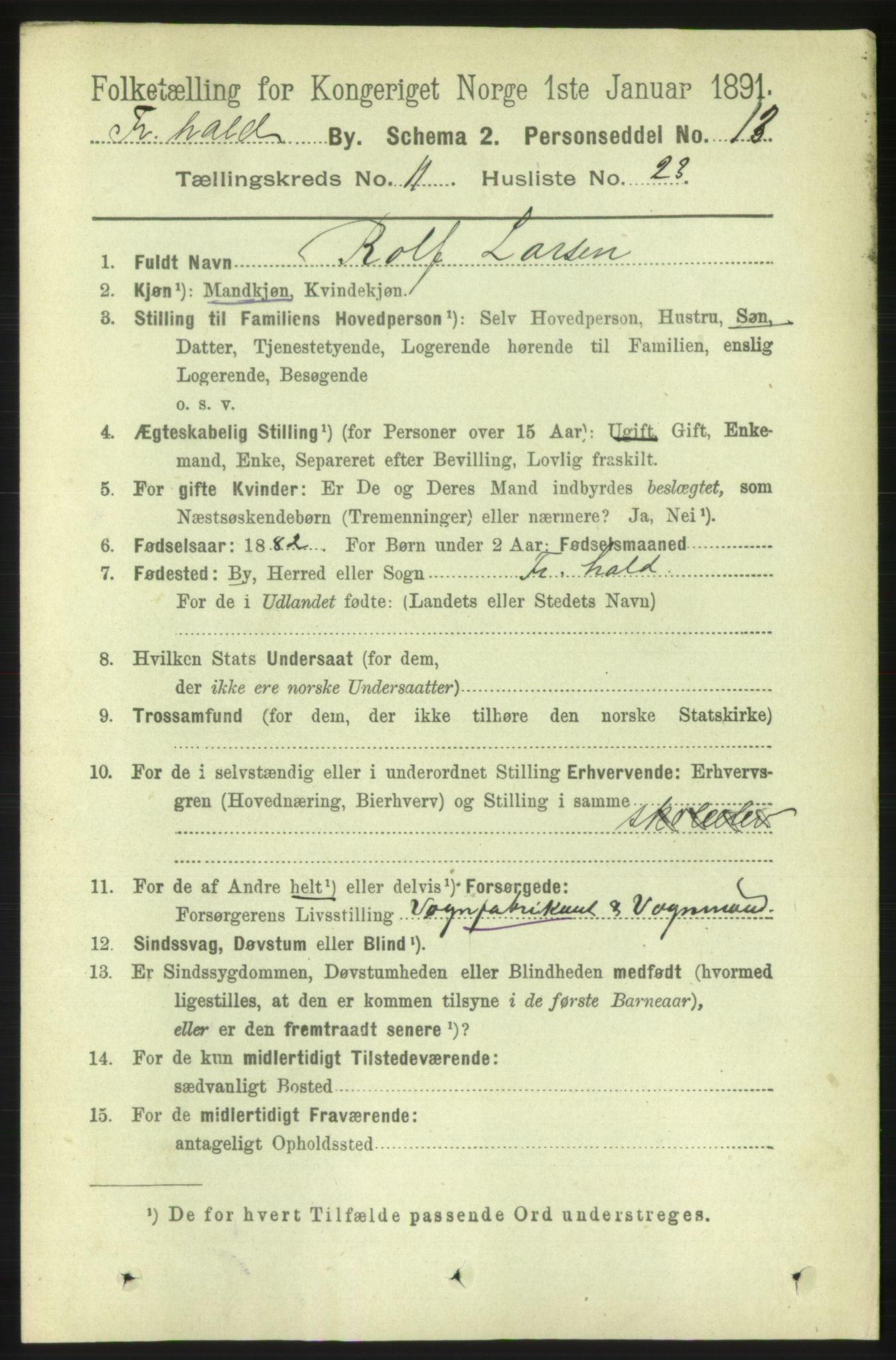 RA, 1891 census for 0101 Fredrikshald, 1891, p. 7934