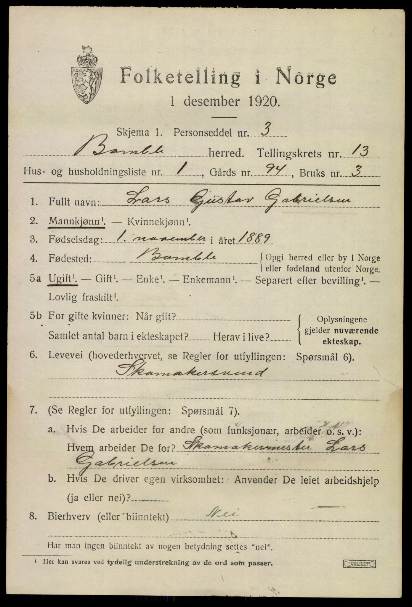 SAKO, 1920 census for Bamble, 1920, p. 9529