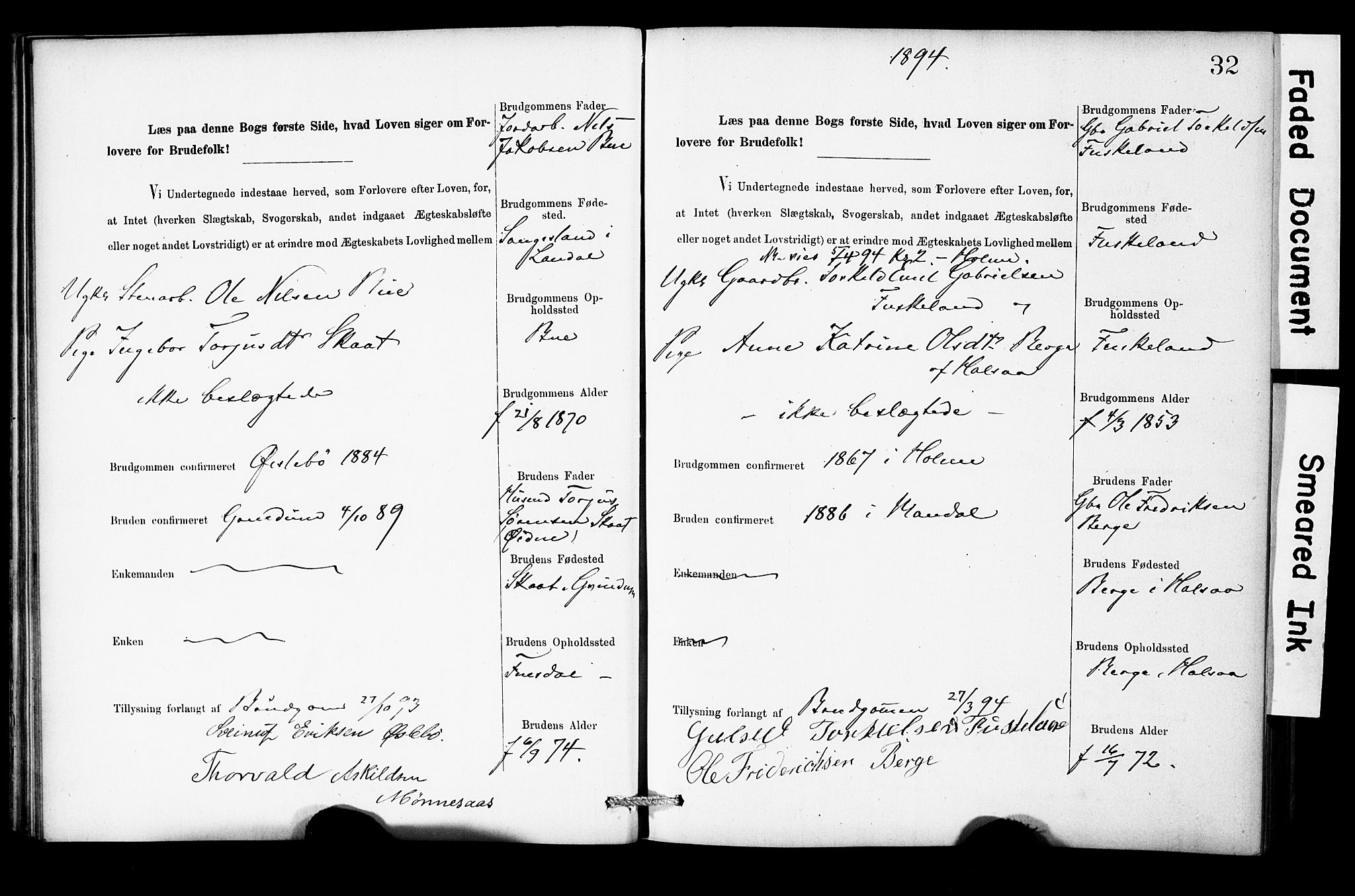 Holum sokneprestkontor, SAK/1111-0022/F/Fe/L0004: Banns register no. II 5 4, 1890-1914, p. 32