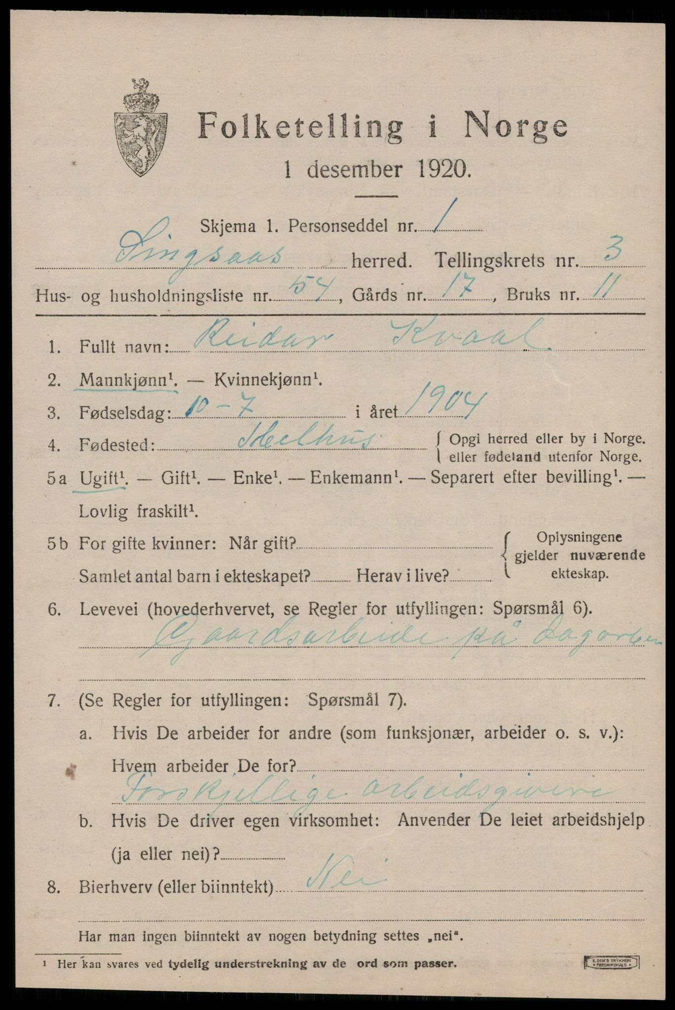 SAT, 1920 census for Singsås, 1920, p. 2113