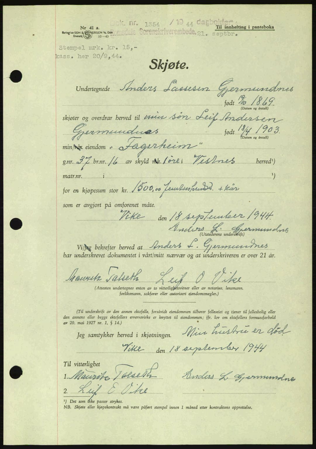 Romsdal sorenskriveri, SAT/A-4149/1/2/2C: Mortgage book no. A16, 1944-1944, Diary no: : 1354/1944