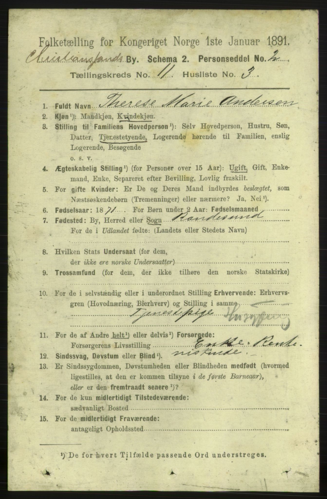 RA, 1891 census for 1001 Kristiansand, 1891, p. 5600