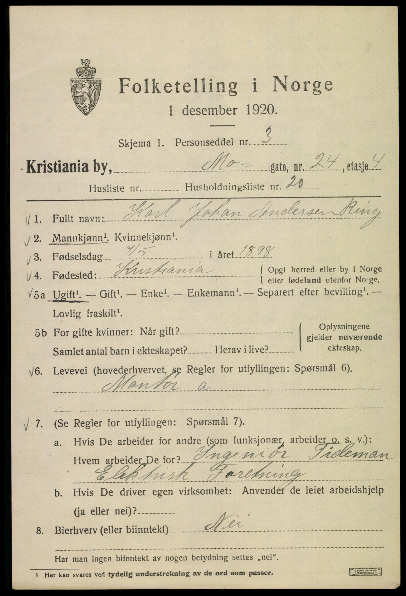 SAO, 1920 census for Kristiania, 1920, p. 396263