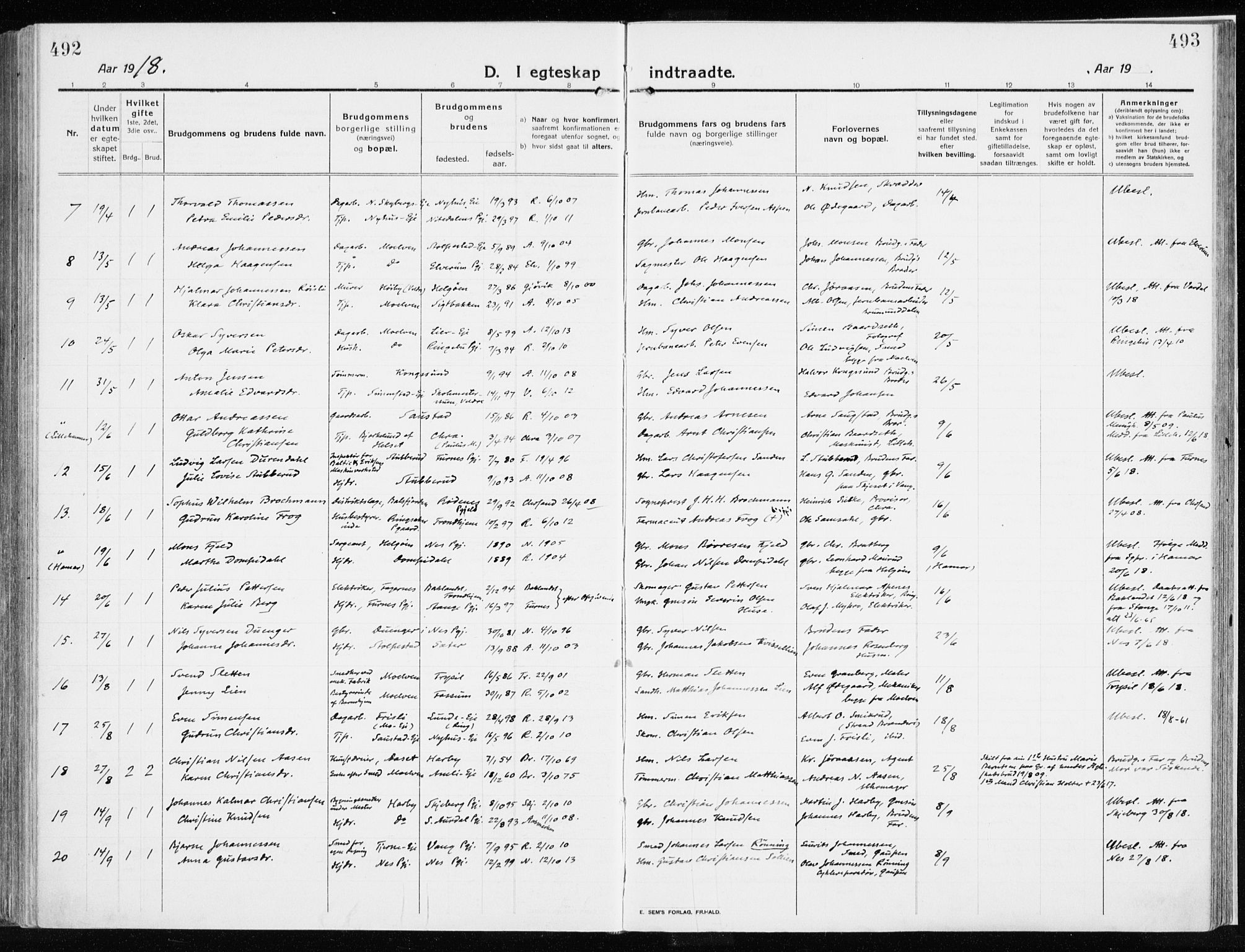 Ringsaker prestekontor, AV/SAH-PREST-014/K/Ka/L0020: Parish register (official) no. 20, 1913-1922, p. 492-493