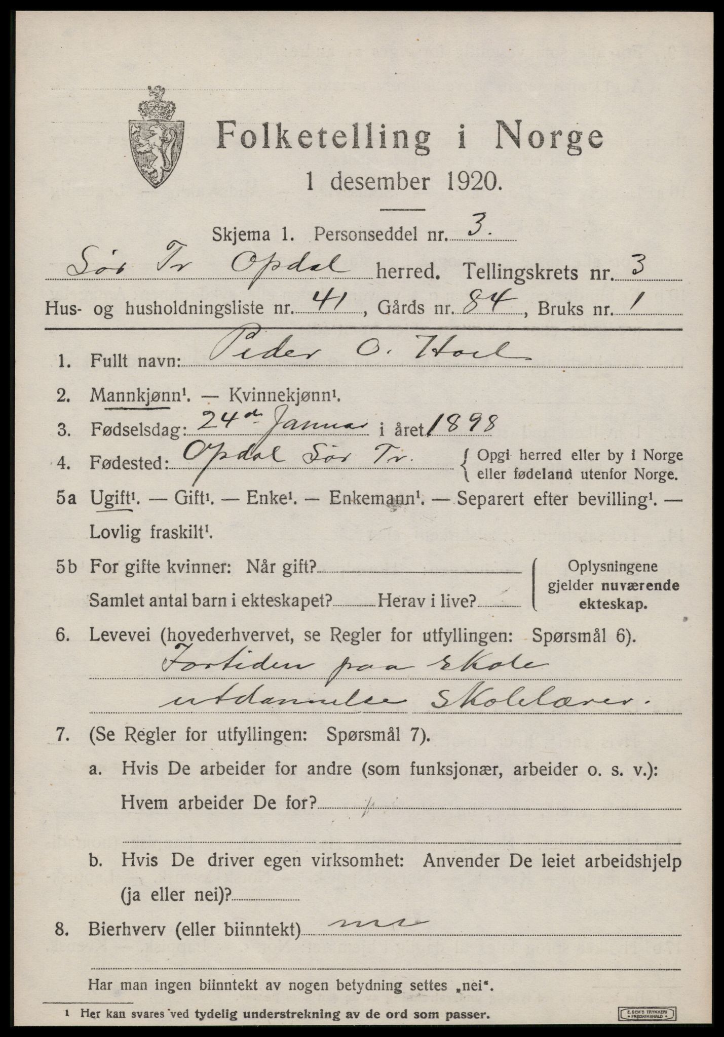 SAT, 1920 census for Oppdal, 1920, p. 3623