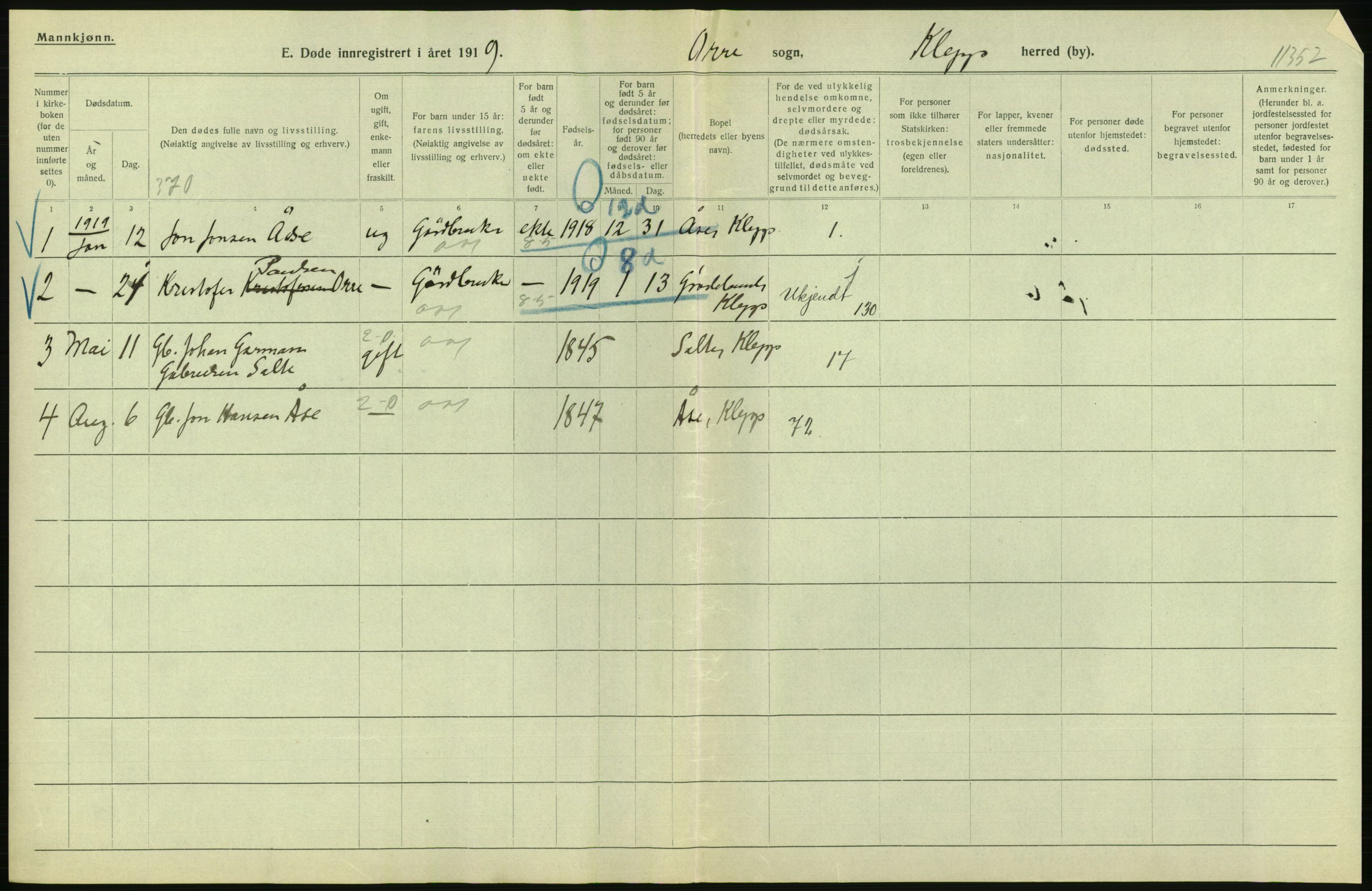 Statistisk sentralbyrå, Sosiodemografiske emner, Befolkning, AV/RA-S-2228/D/Df/Dfb/Dfbi/L0030: Rogaland fylke: Døde. Bygder og byer., 1919, p. 32