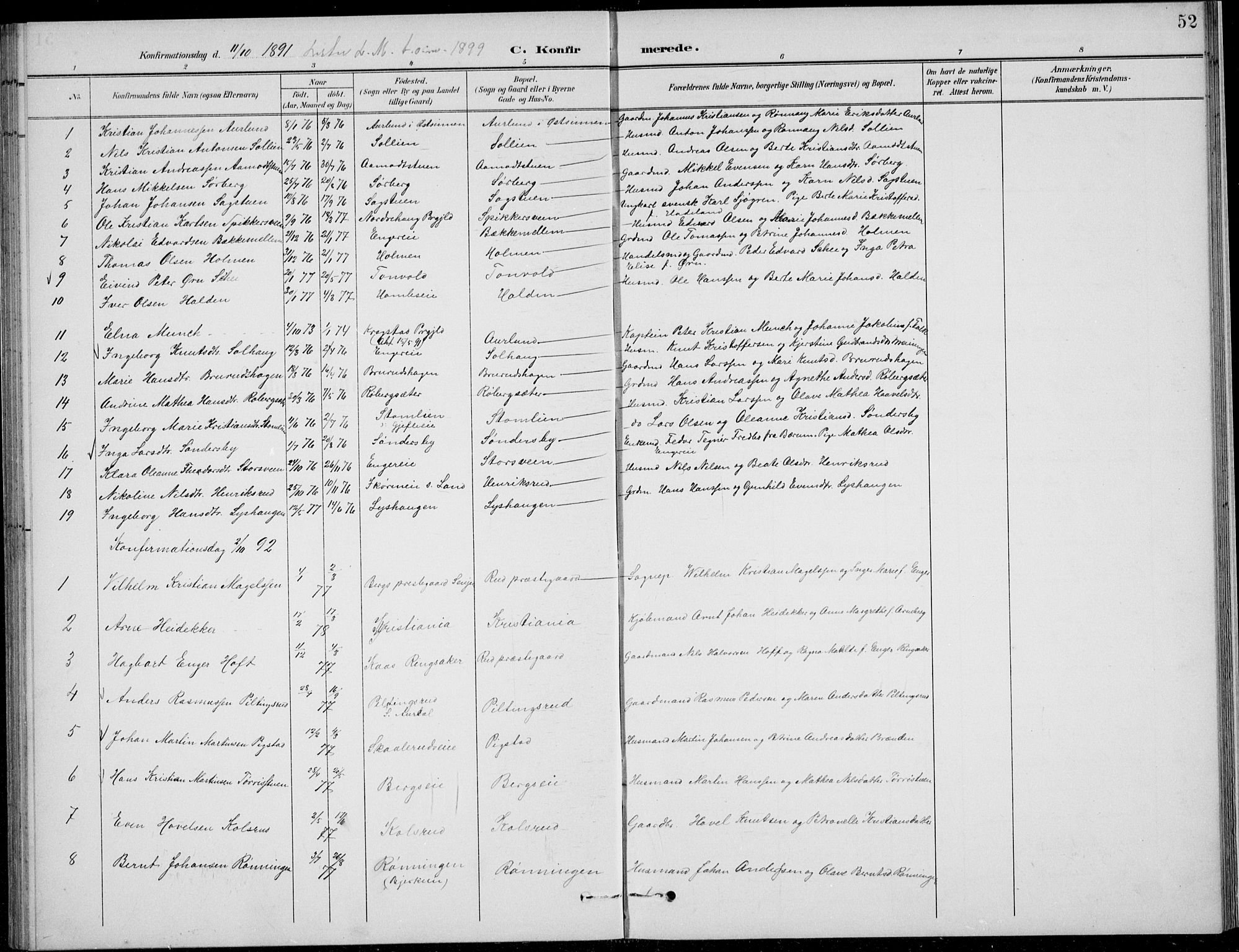 Nordre Land prestekontor, AV/SAH-PREST-124/H/Ha/Hab/L0014: Parish register (copy) no. 14, 1891-1907, p. 52
