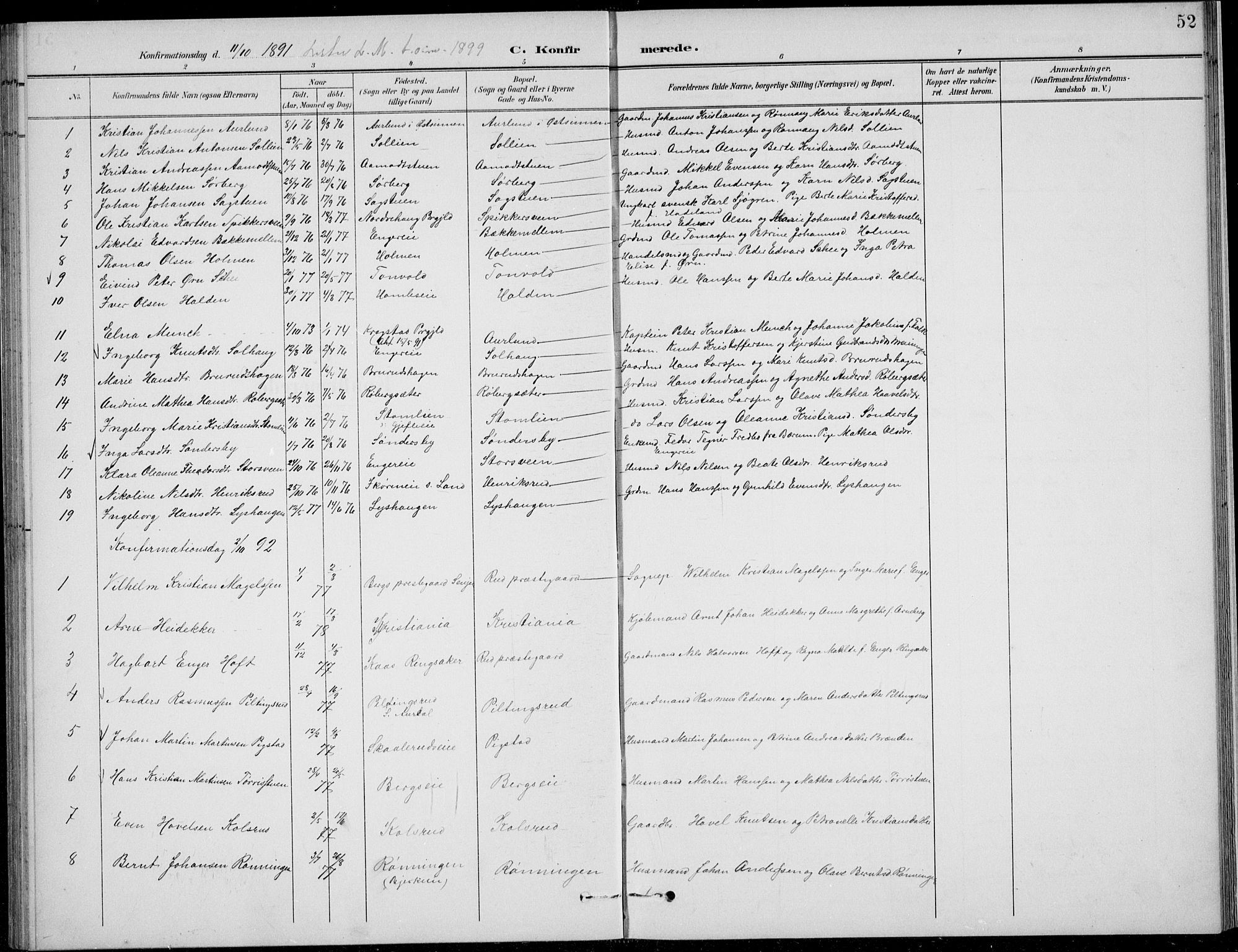 Nordre Land prestekontor, SAH/PREST-124/H/Ha/Hab/L0014: Parish register (copy) no. 14, 1891-1907, p. 52