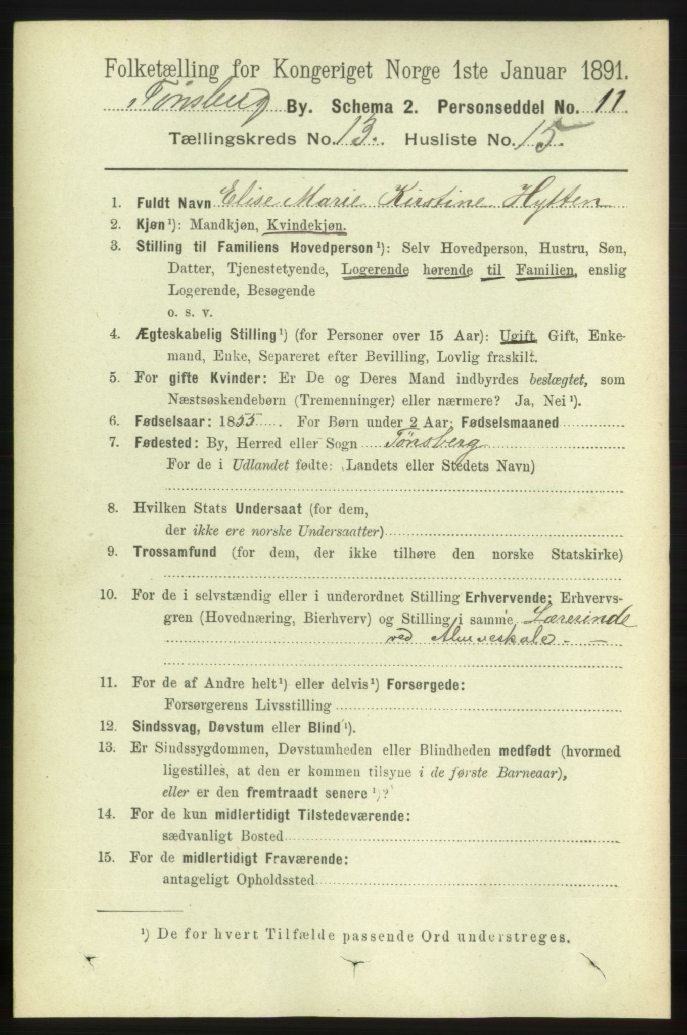 RA, 1891 census for 0705 Tønsberg, 1891, p. 4500