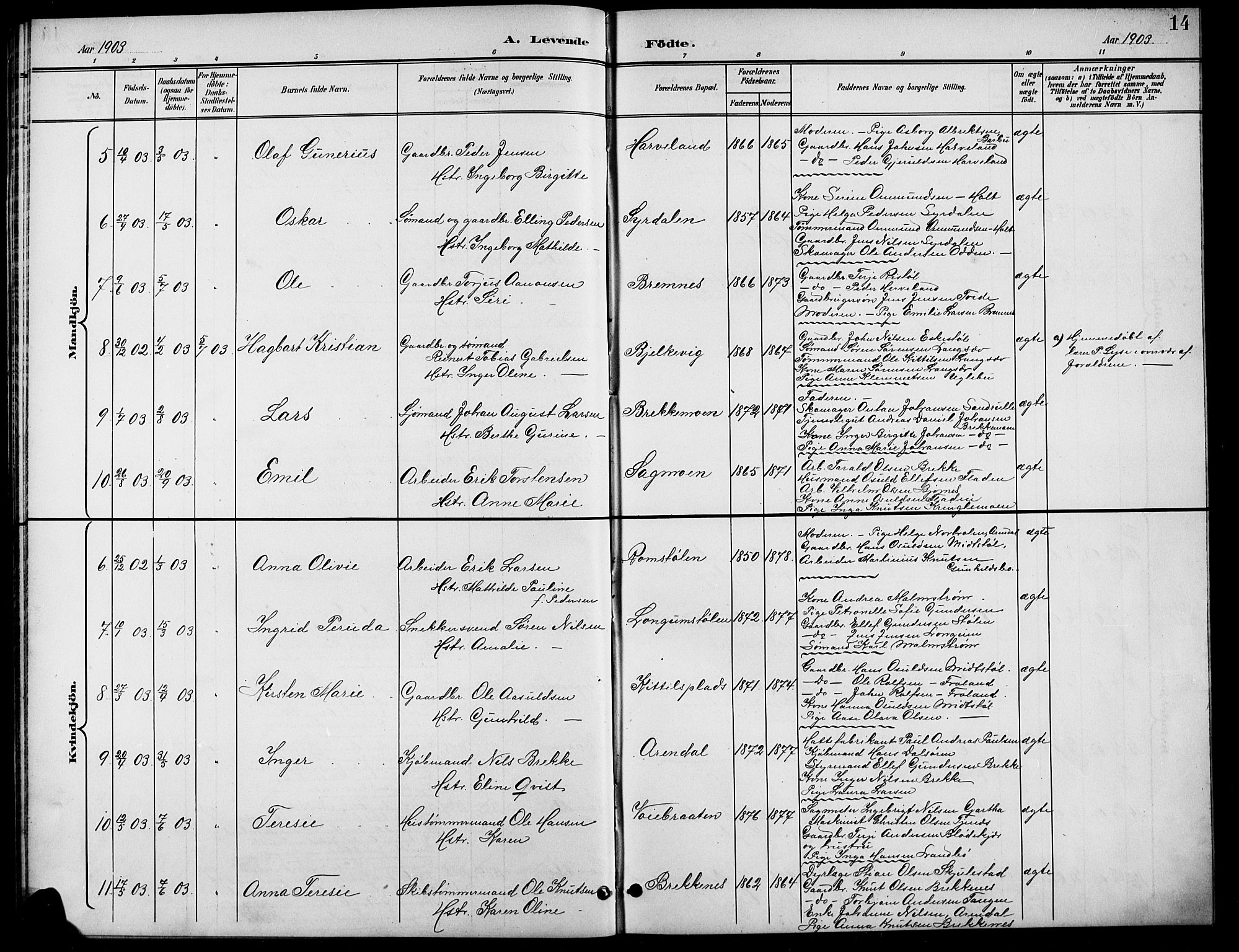 Austre Moland sokneprestkontor, AV/SAK-1111-0001/F/Fb/Fba/L0004: Parish register (copy) no. B 4a, 1897-1913, p. 14