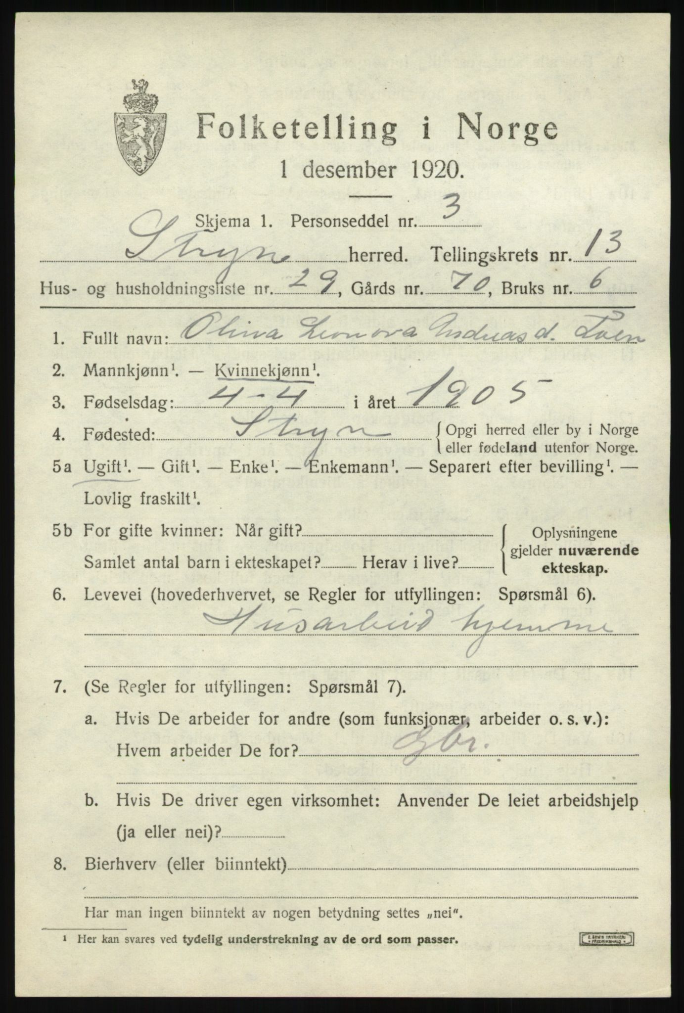 SAB, 1920 census for Stryn, 1920, p. 6022