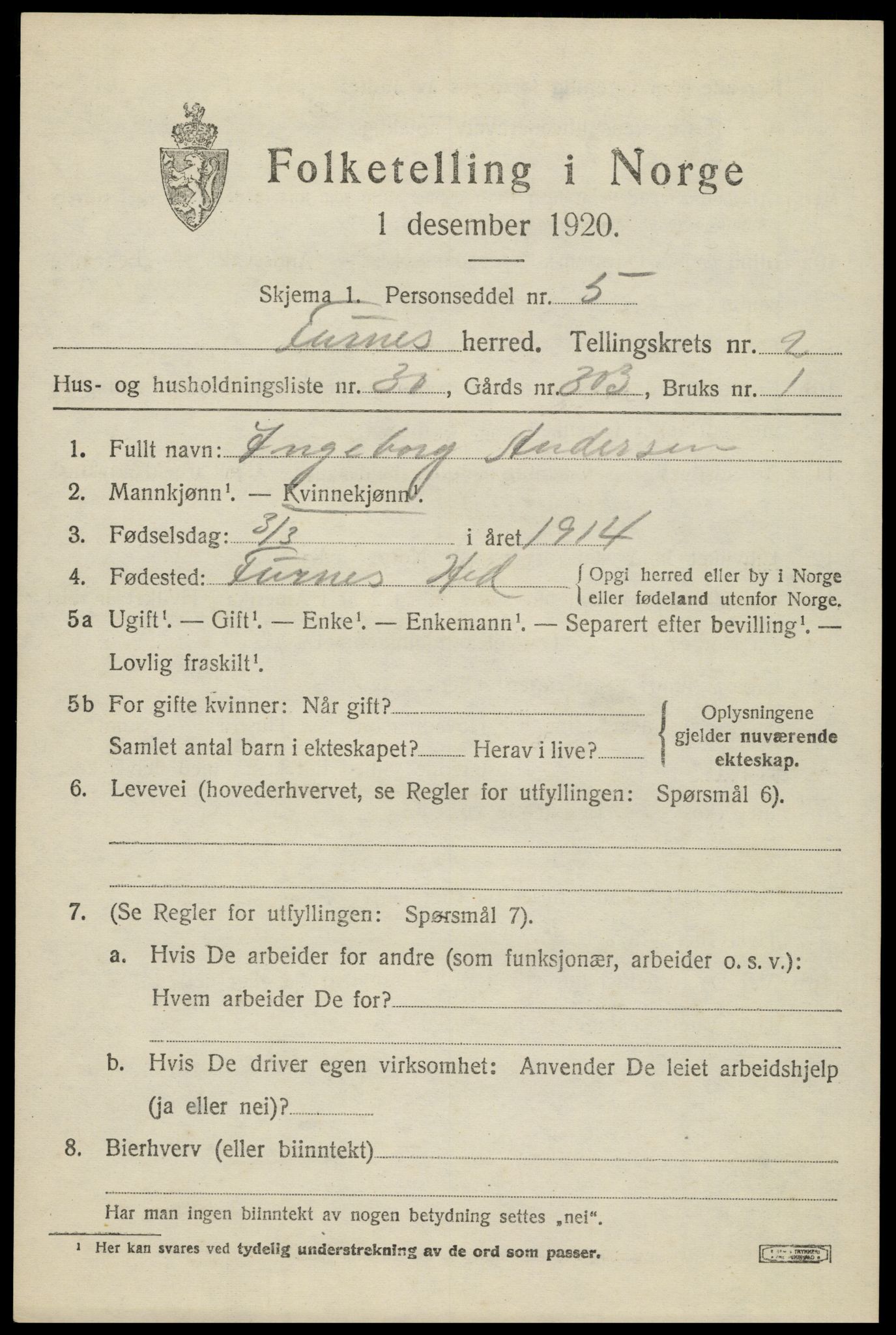 SAH, 1920 census for Furnes, 1920, p. 3409